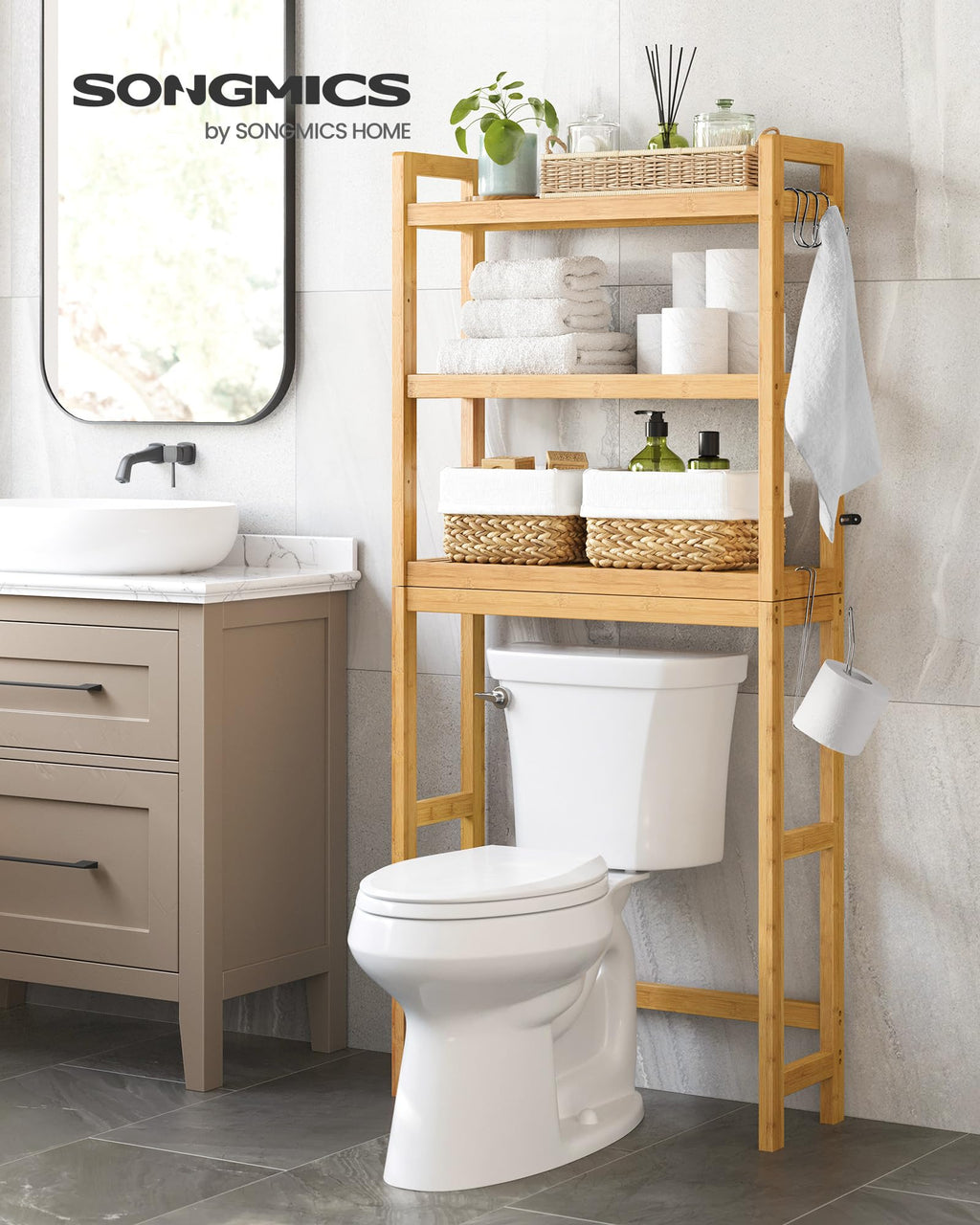 Songmics Over The Toilet Storage, 3-Tier Over Toilet Bathroom Organizer With Adjustable Shelf, Fit Most Toilets, Space-Saving, Natural Ubts001N01