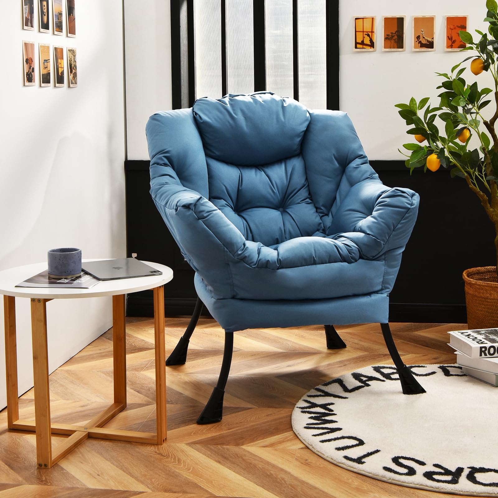 Gorelax Modern Lazy Chair,Upholstered Lounge Accent Chair, Single Leisure Sofa Chair With Armrests & Side Pocket, Comfy Reading Chair For Bedroom, Living Room, Dorm Room (Navy)