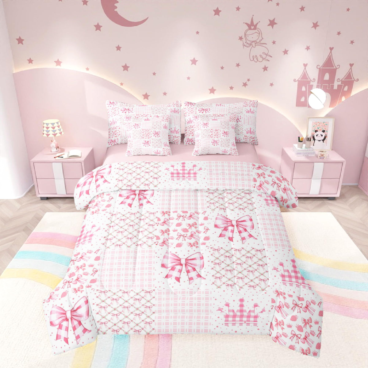 7 Pcs Princess Crown Comforter Set,Geometric Pink Plaids Patchwork Bedding Set,Kawaii Bowknot Fairy Tale Bow-Tie Fantasy Bed Set