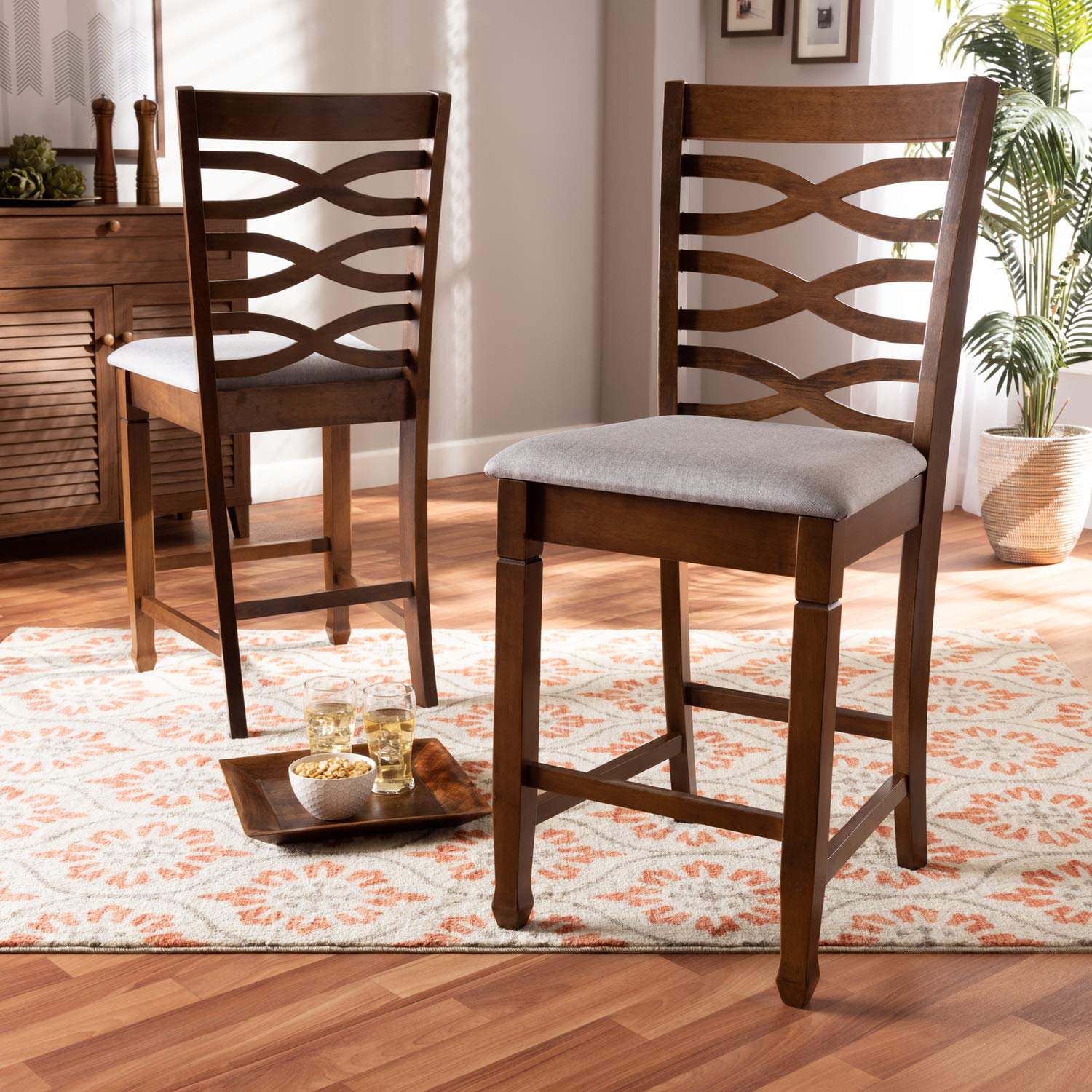 Baxton Studio Lanier Modern and Contemporary Grey Fabric Upholstered Walnut Brown Finished 2-Piece Wood Counter Height Pub Chair Set
