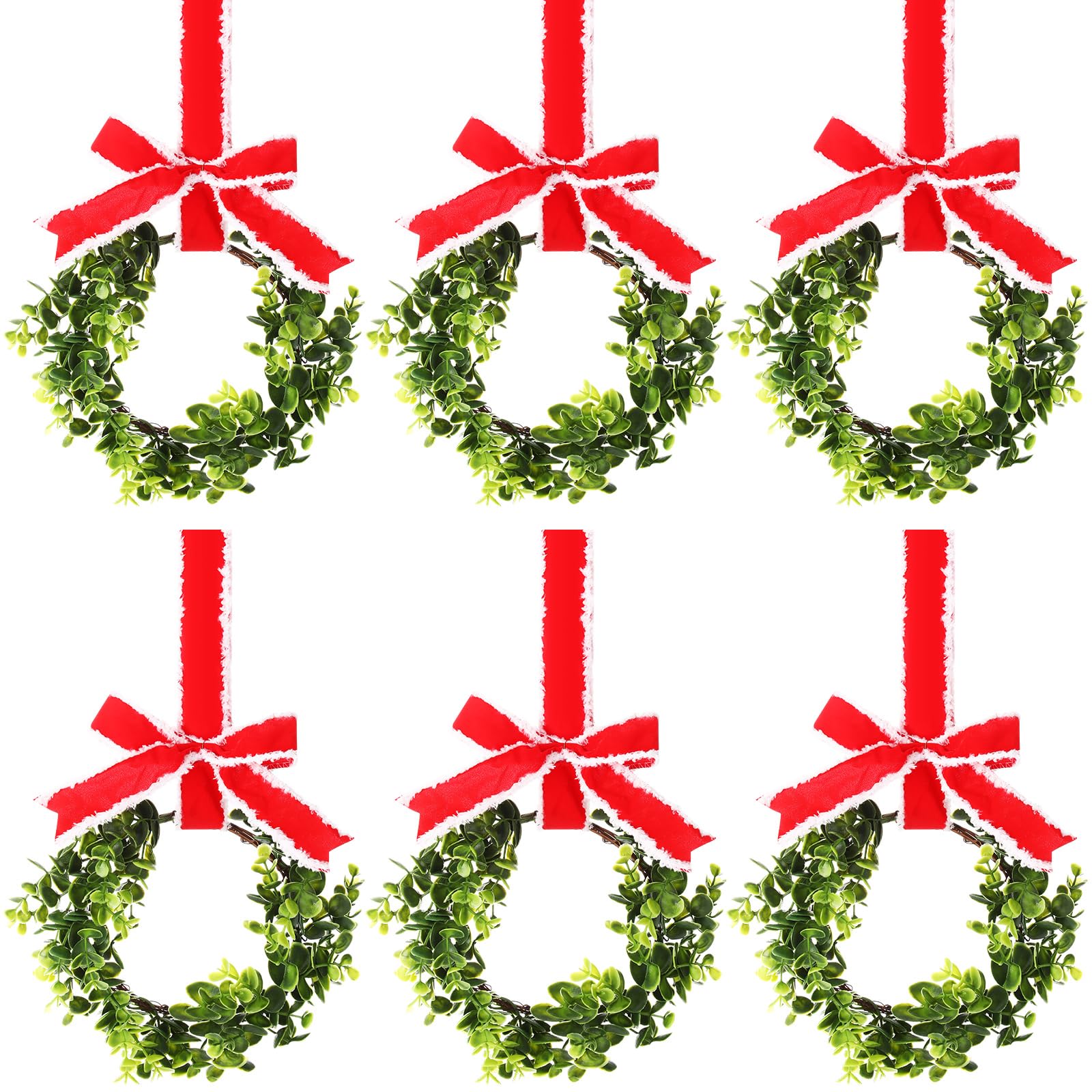 Yilloog 6 Pcs Christmas Kitchen Cabinet Wreaths Decorative Boxwood Wreaths with Ribbon Artificial Greenery Farmhouse Wreaths for