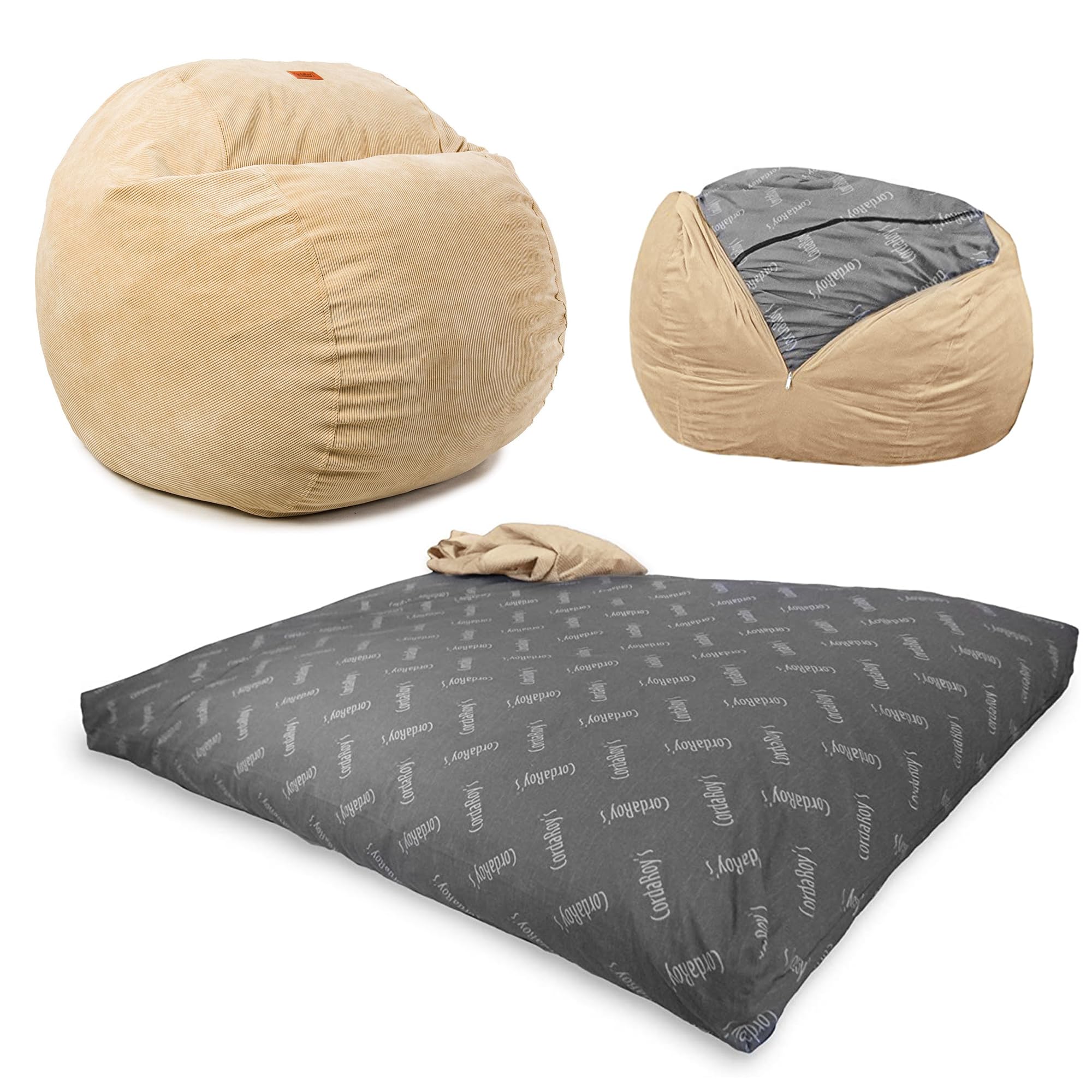 CordaRoys Corduroy Bean Bag - Convertible Bean Bag Chair & Bed - Machine-Washable Corduroy Fabric Cover - for Basement, Living 
