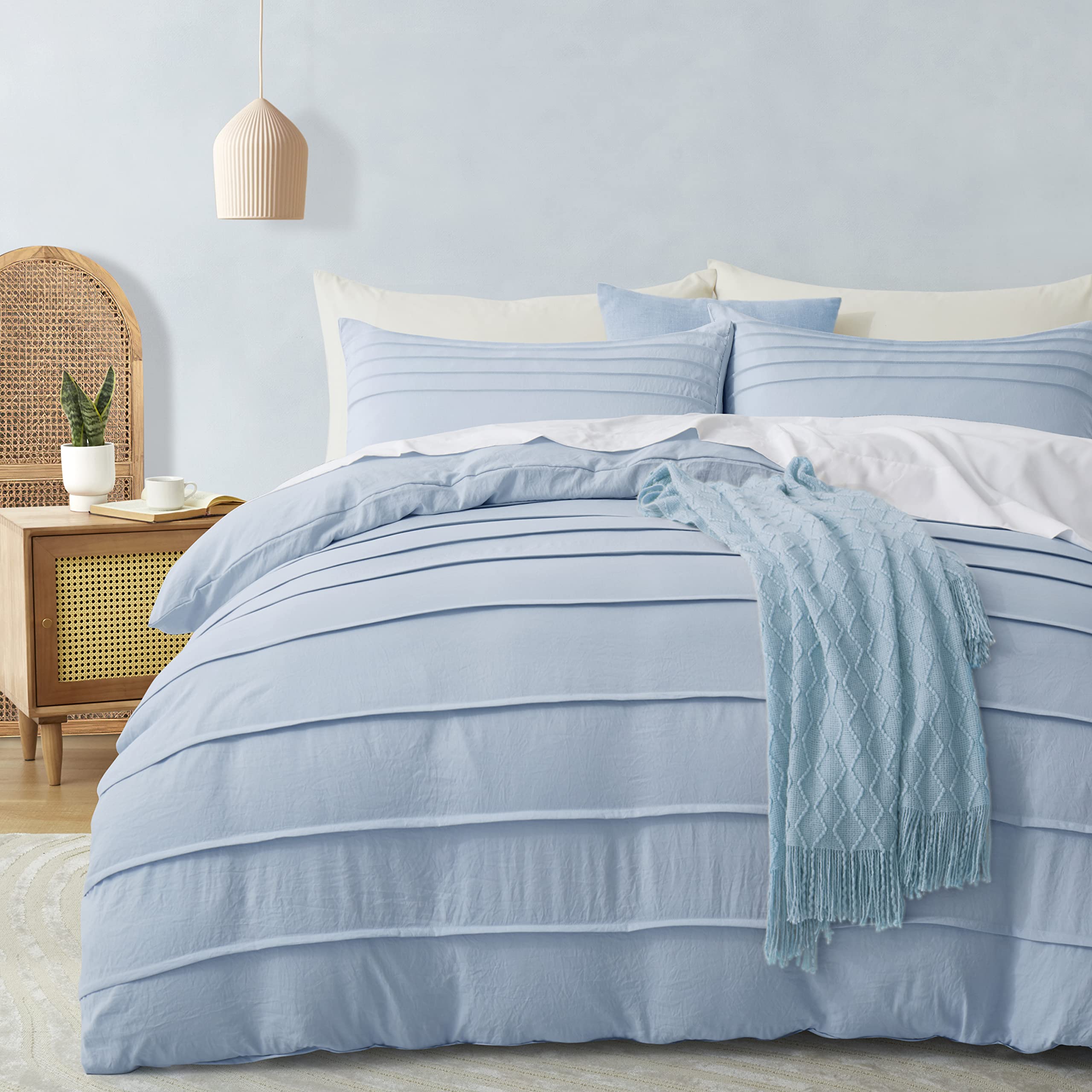 Oli Anderson Airy Blue Duvet Cover Queen Size - Pleated Queen Duvet Cover, 3Pcs Soft And Breathable Textured Bedding Set With Zi