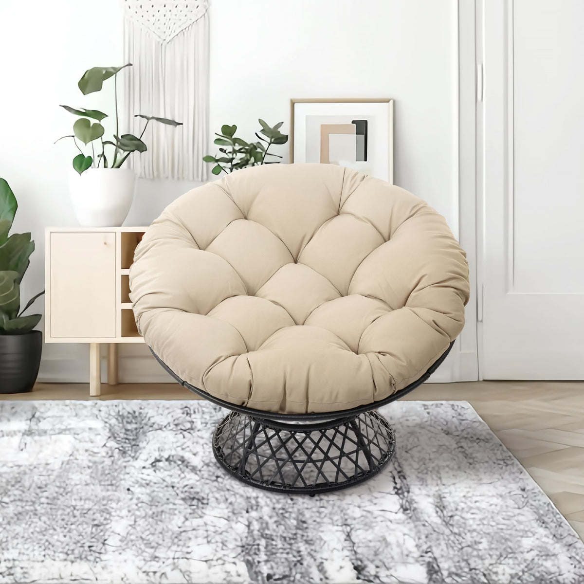 Hubhalsun Rattan Wicker 360 Swivel Papasan Chair With Cushion For Livingroom, Bedroom, Reading Room, Leisure Lounge (Black Frame