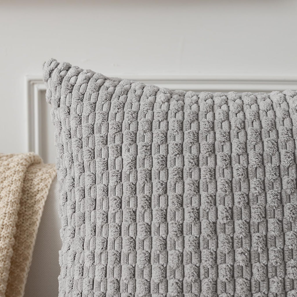 Kevin Textile 2 Packs Light Grey Decorative Throw Pillow Covers 26X26 Inch For Living Room Couch Bed Sofa Rustic Farmhouse Boho Home Decor Soft Striped Corduroy Square Cushion Case 66X66 Cm