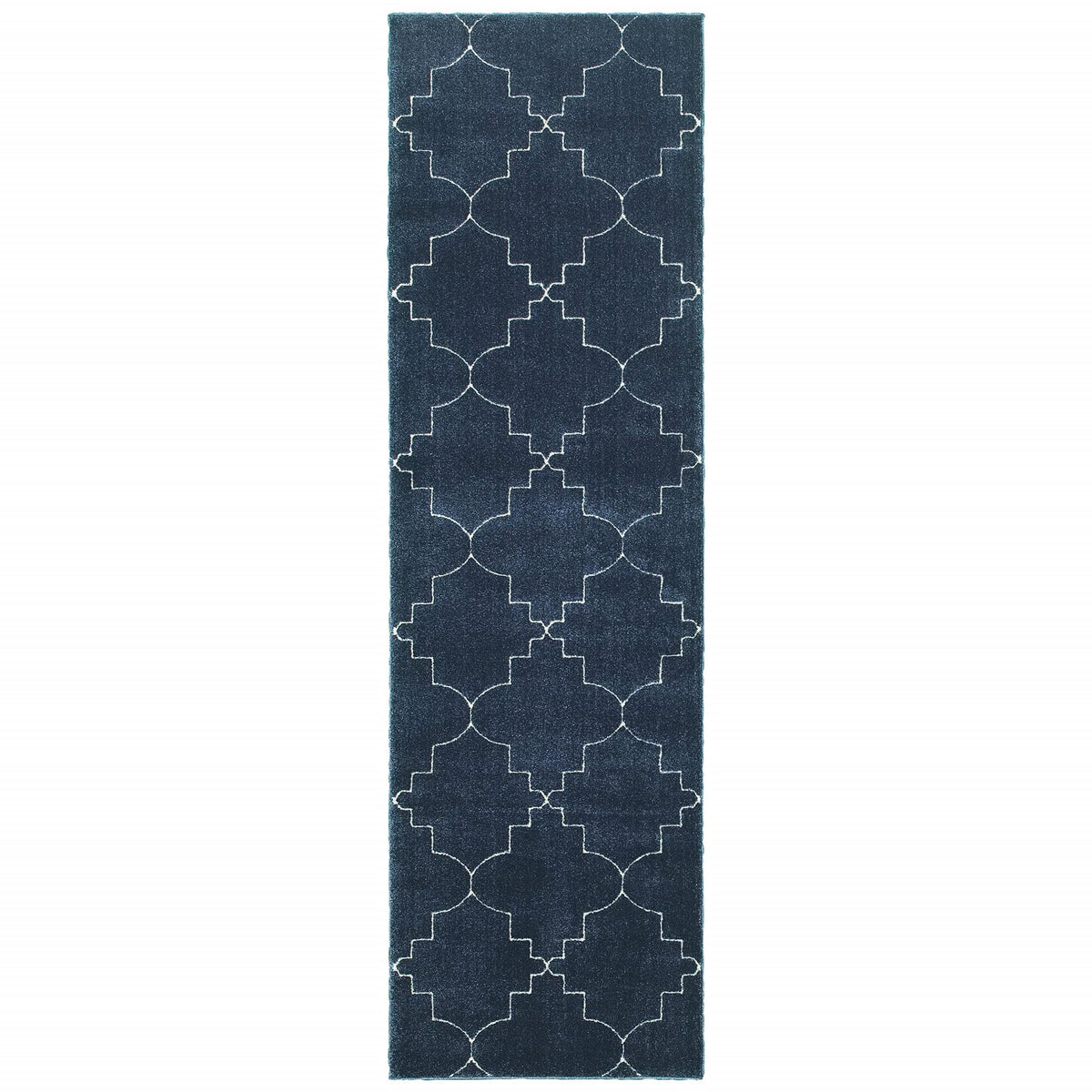 HomeRoots Navy Polypropylene, Polyester 2’ x 8’ Blue and Ivory Trellis Indoor Runner Rug