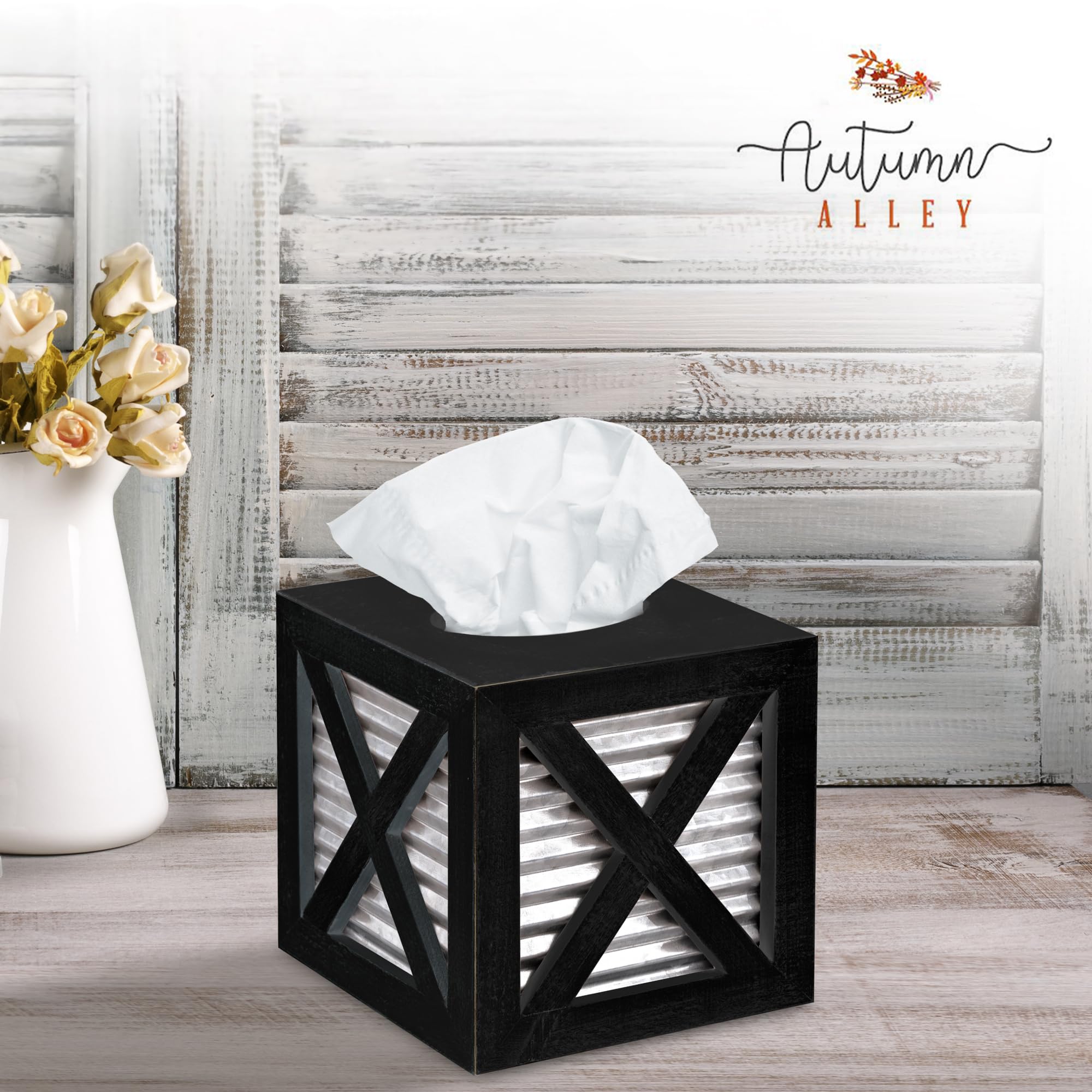 Autumn Alley Barn Door Square Farmhouse Tissue Box Cover In Black And Galvanized - Farmhouse Bathroom Accessories - Rustic Bathr