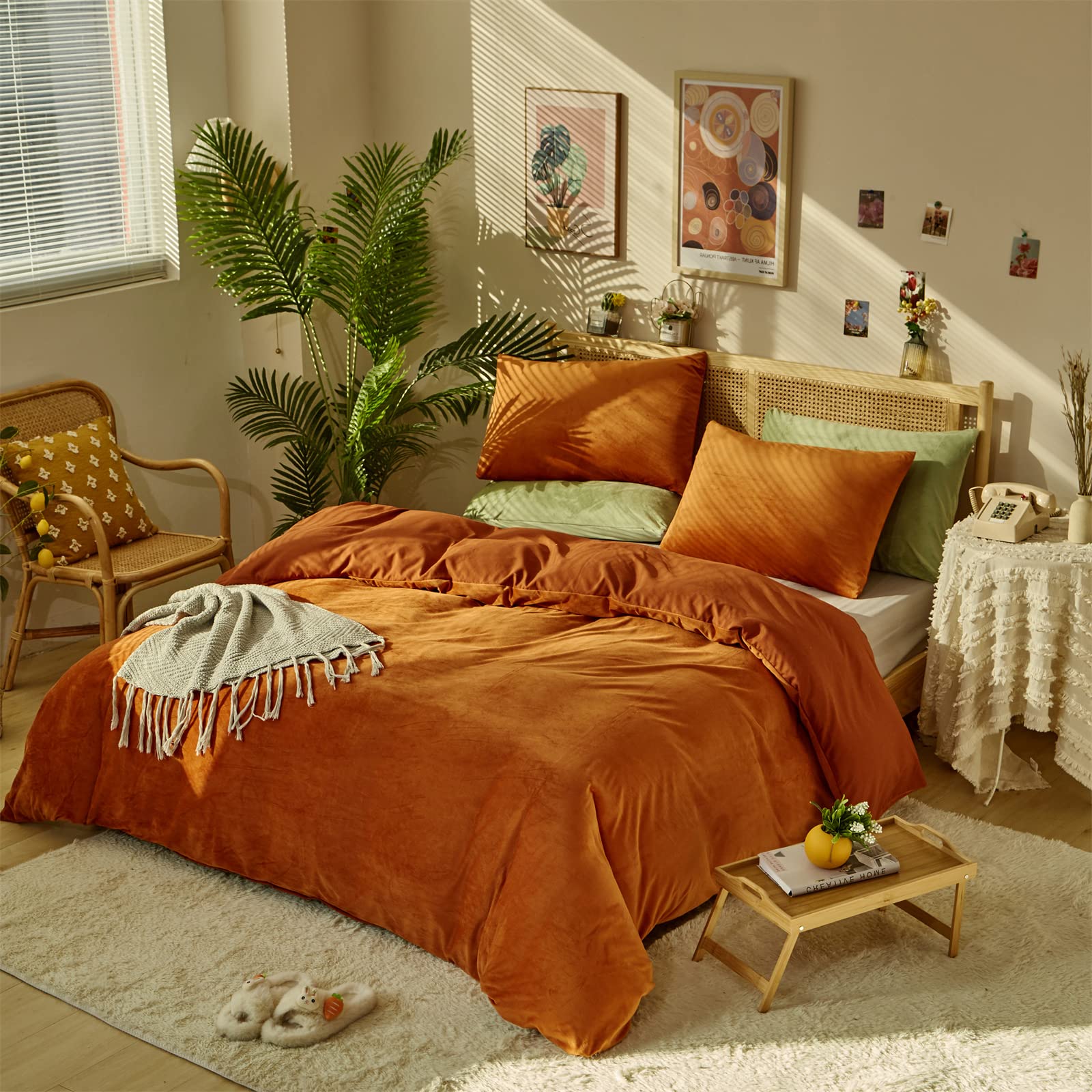 Karever Burnt Orange Color Velvet Comforter Set Full Solid Rust Color Flannel Velvet Bedding Comforter Set All Caramel Colour 3