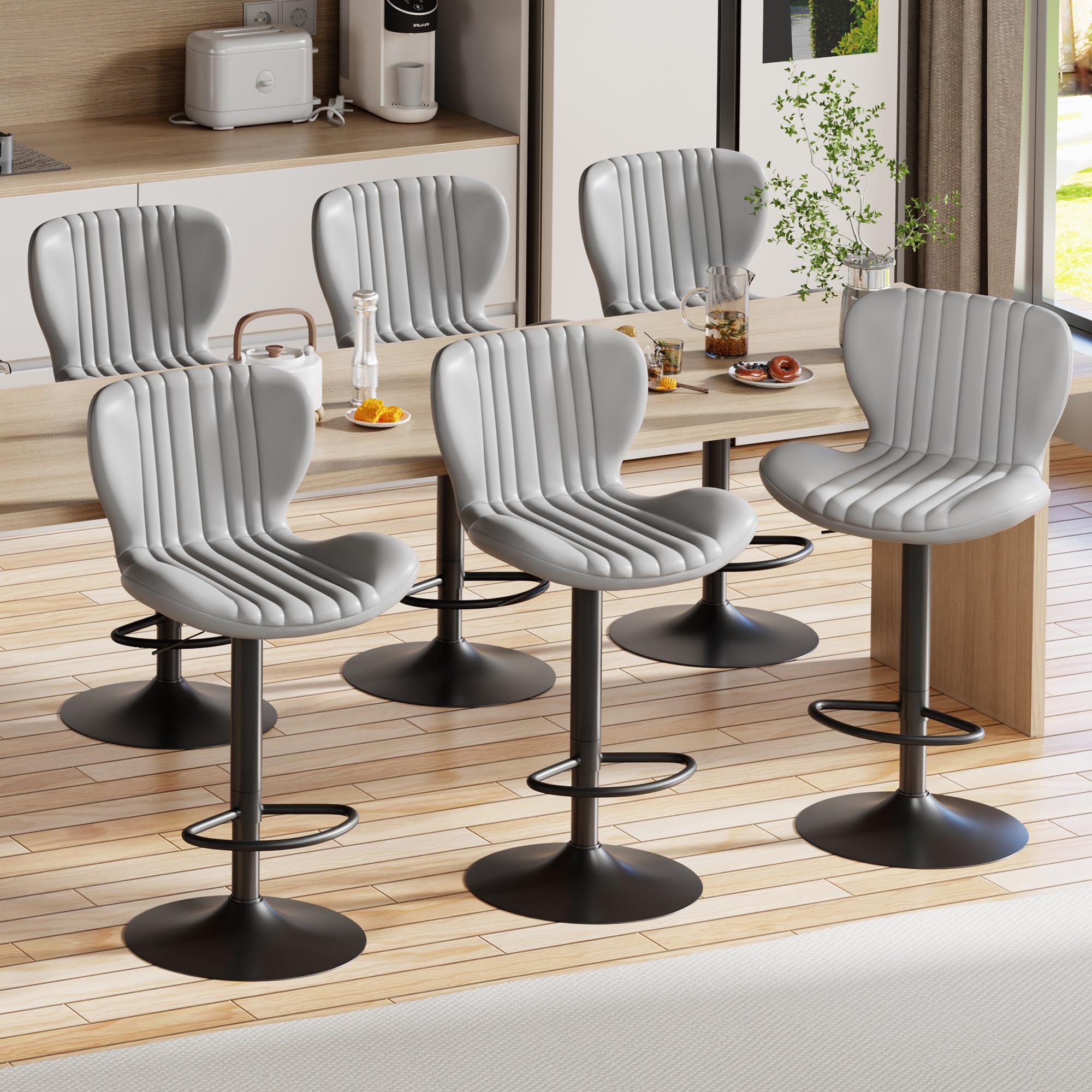 Shintenchi Bar Stools Set of 6 Modern Swivel Bar Chairs, Counter Height Faux Leather Metal Barstools, Upholstered Island Chairs 