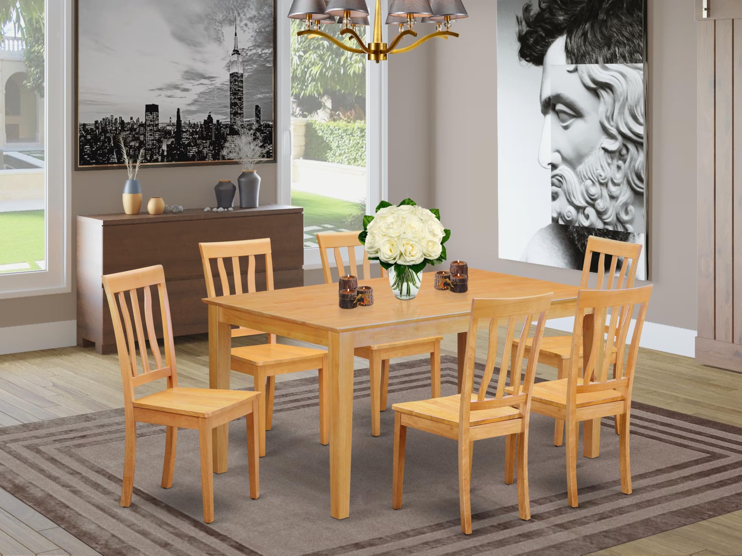 East West Furniture CAAN7-OAK-W 7 Piece Dining Table Set Consist of a Rectangle Kitchen Table and 6 Dining Chairs, 36x60 Inch, Oak