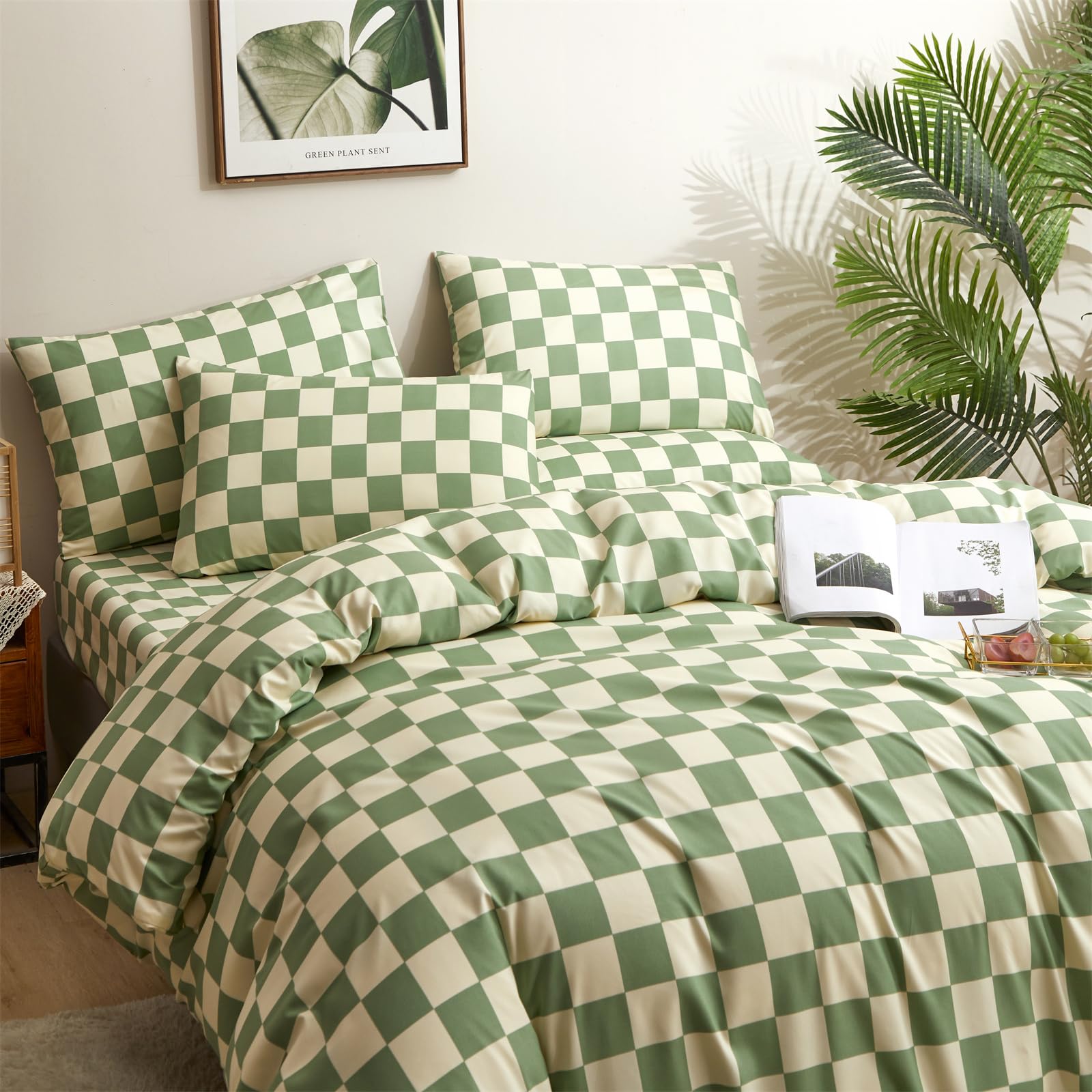 Clothknow Green White Plaid Comforter Set Twin 3Pcs Checker Bedding Comforter Sets Buffalo Twin Comforter Sage Green Comforter S