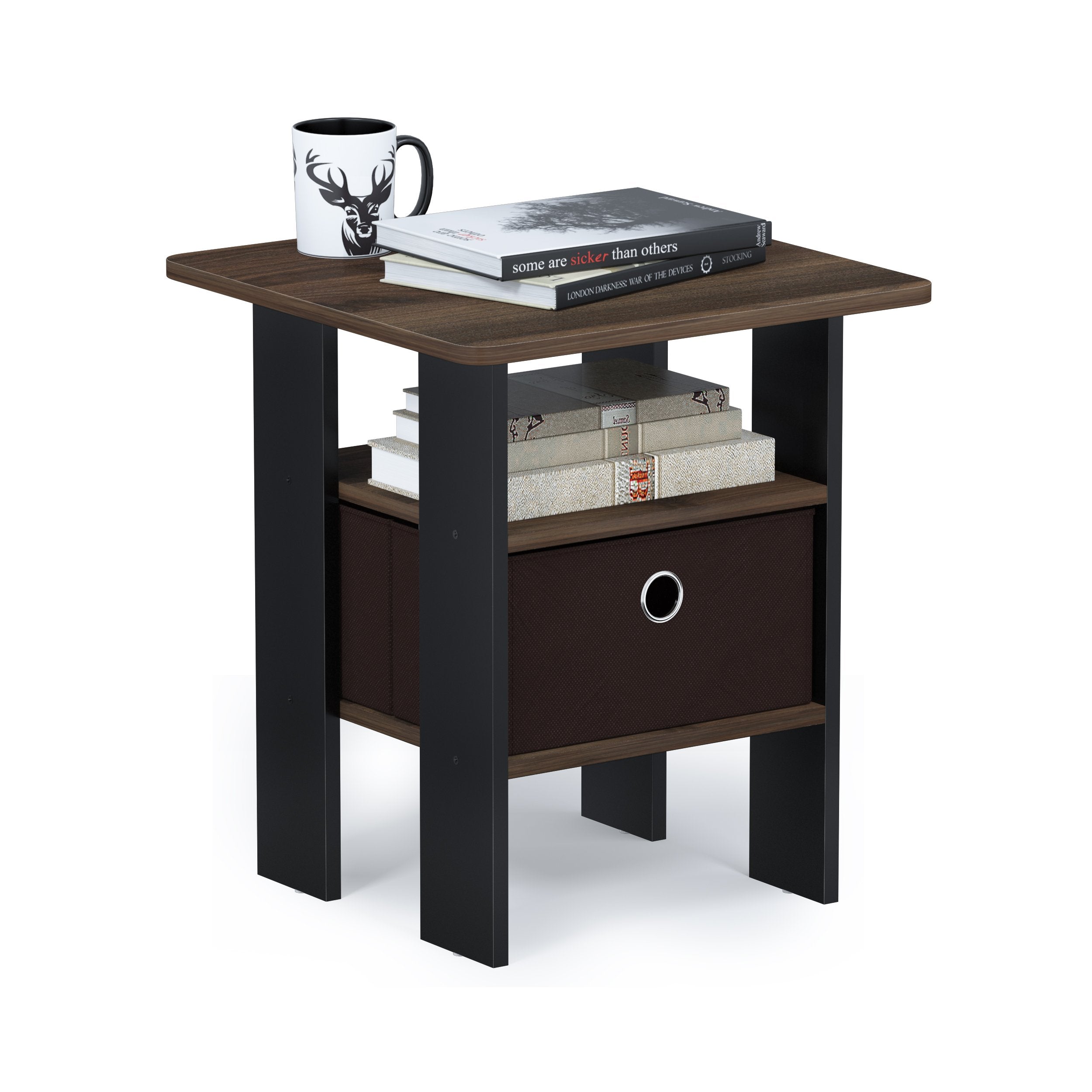Furinno Andrey End Table / Side Table / Night Stand / Bedside Table With Bin Drawer, Columbia Walnut/Dark Brown,1-Pack, Center Bin