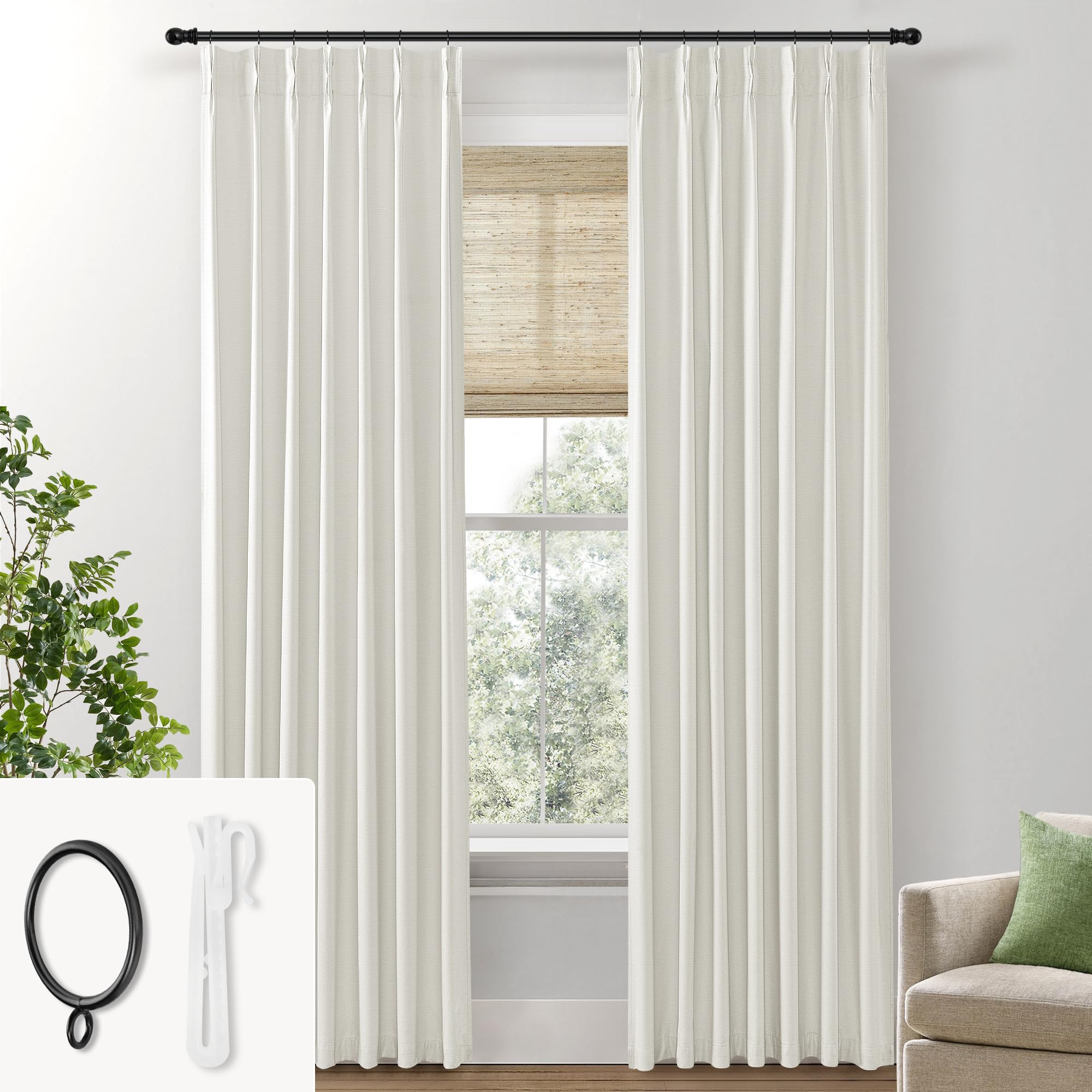 Shineland 108 Inch Curtains Long,Pinch Pleated Curtains Blackout Linen Black Out Extra Long Curtains For Living Room Drapes 108 Inches Long 2 Panels,Cream
