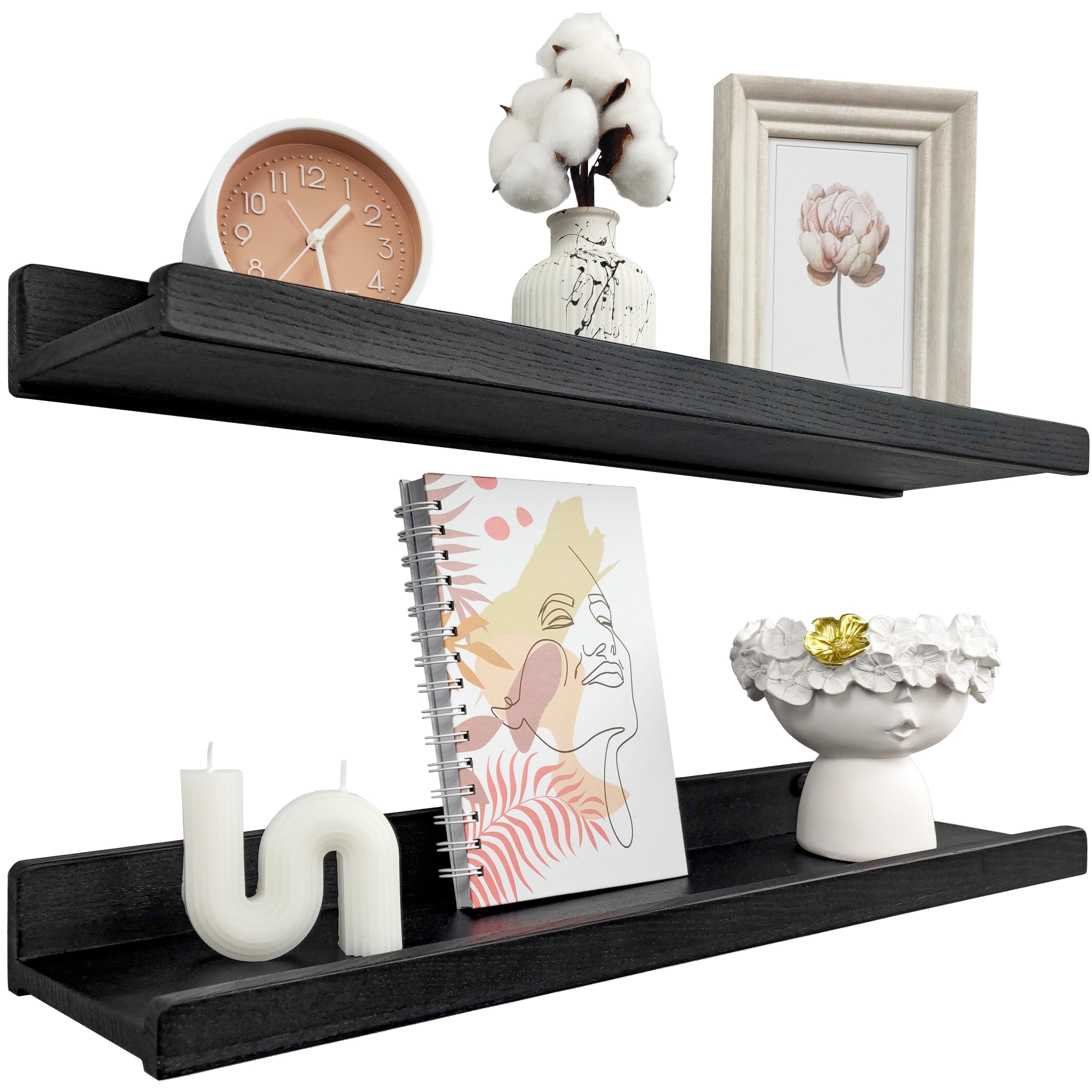 Wood Wedge Floating Shelves for Wall 24 inch, Photo & Picture Ledge, Black Modern Wall Storage Shelves with Lip, Kids Book shelf