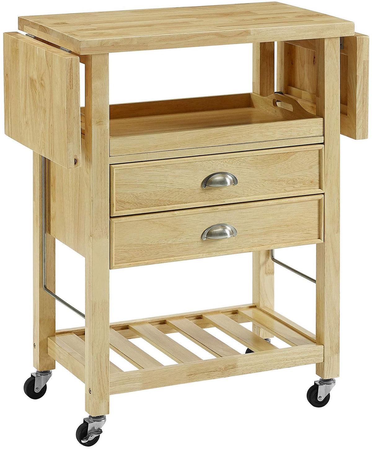 Crosley Furniture Bristol Drop Leaf Rolling Kitchen Cart With Serving Tray And Shelves, Microwave Stand, Natural