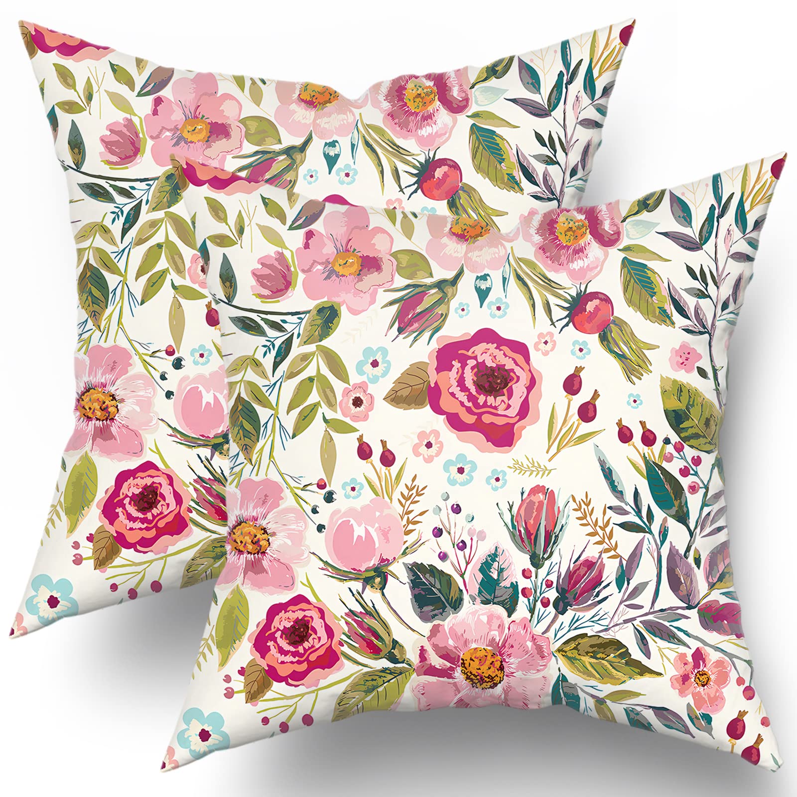 Vibrant Watercolor Peony Pillow Covers Set Of 2 18X18 Inch Girly Floral Design Hot Pink With Green Leaves Decorative Cotton Cush
