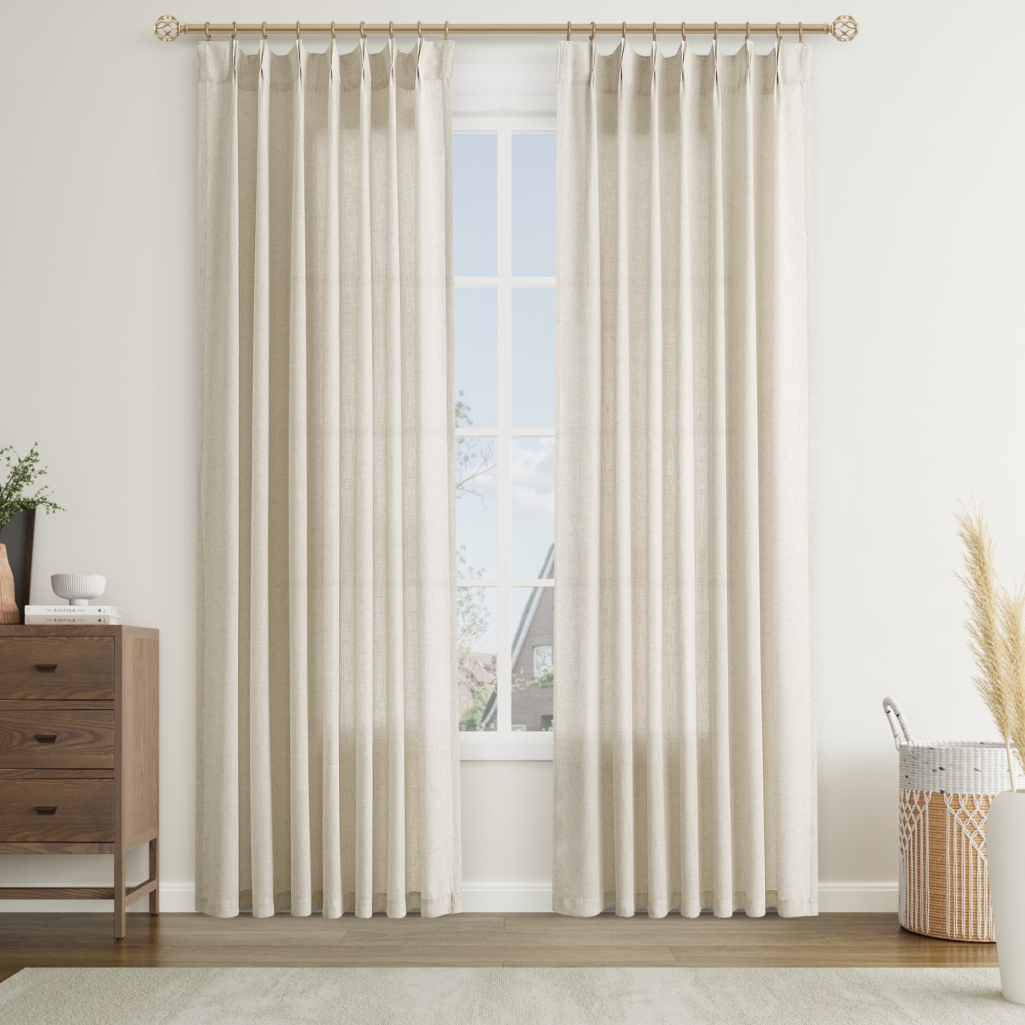 Joywell Linen Pinch Pleated Curtains 100 Inches Long,Back Tab Clip Rings Window Semi Sheer Light Filtering Modern Flax Drapes With Hooks For Bedroom Living Room,W50 X L100,Linen,2 Panels Set