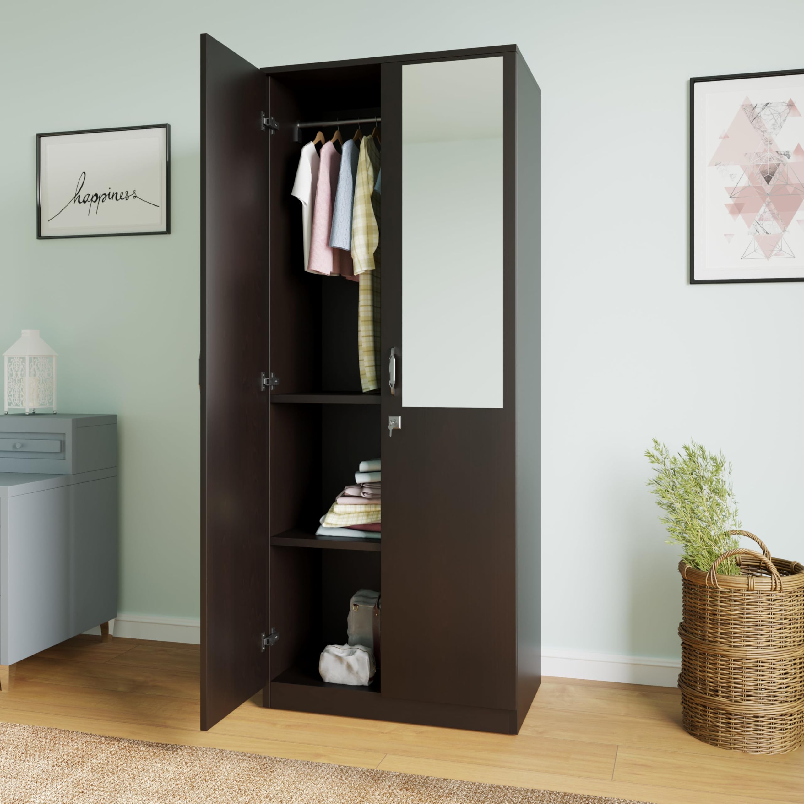 Nilkamal Willy Neo 2 Door Wooden Wardrobe With Mirror For Bedroom | Almirah With 1 Hanging Rod, 3 Shelves | Clothes Cupboard | E
