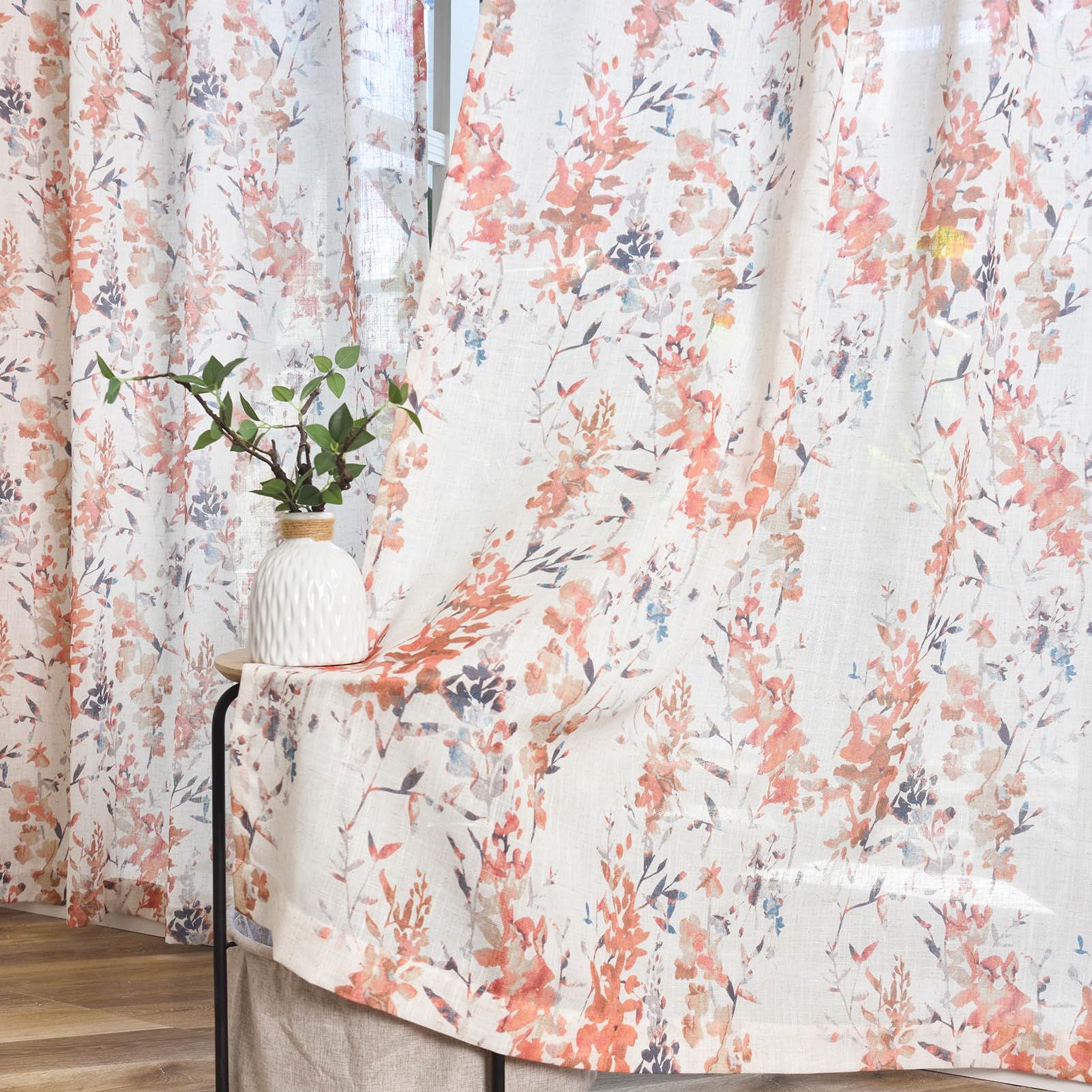 Kotile Orange And White Curtains 95 Inches Long 2 Panels Set, Country Rustic Leaf Pattened Room Darkenning Curtains For Living R