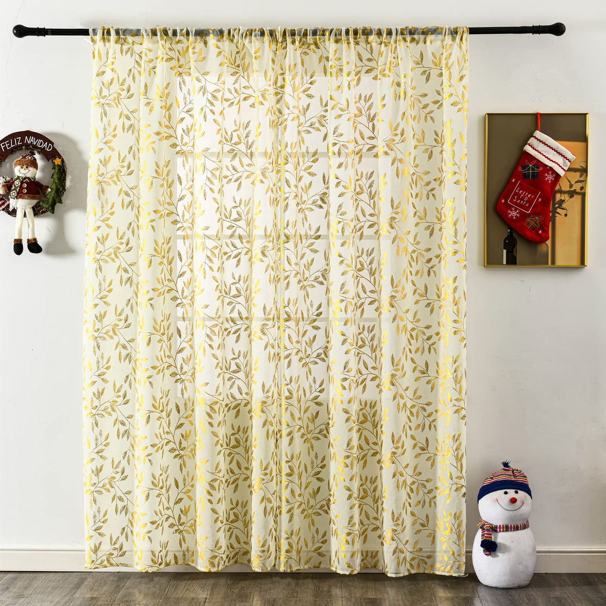 Deeprove Sheer Curtains 84 Inch Length 2 Panels Set, Gold Foil Metallic Vine Leaves Print Window Treatments For Bedroom Xmas Dec
