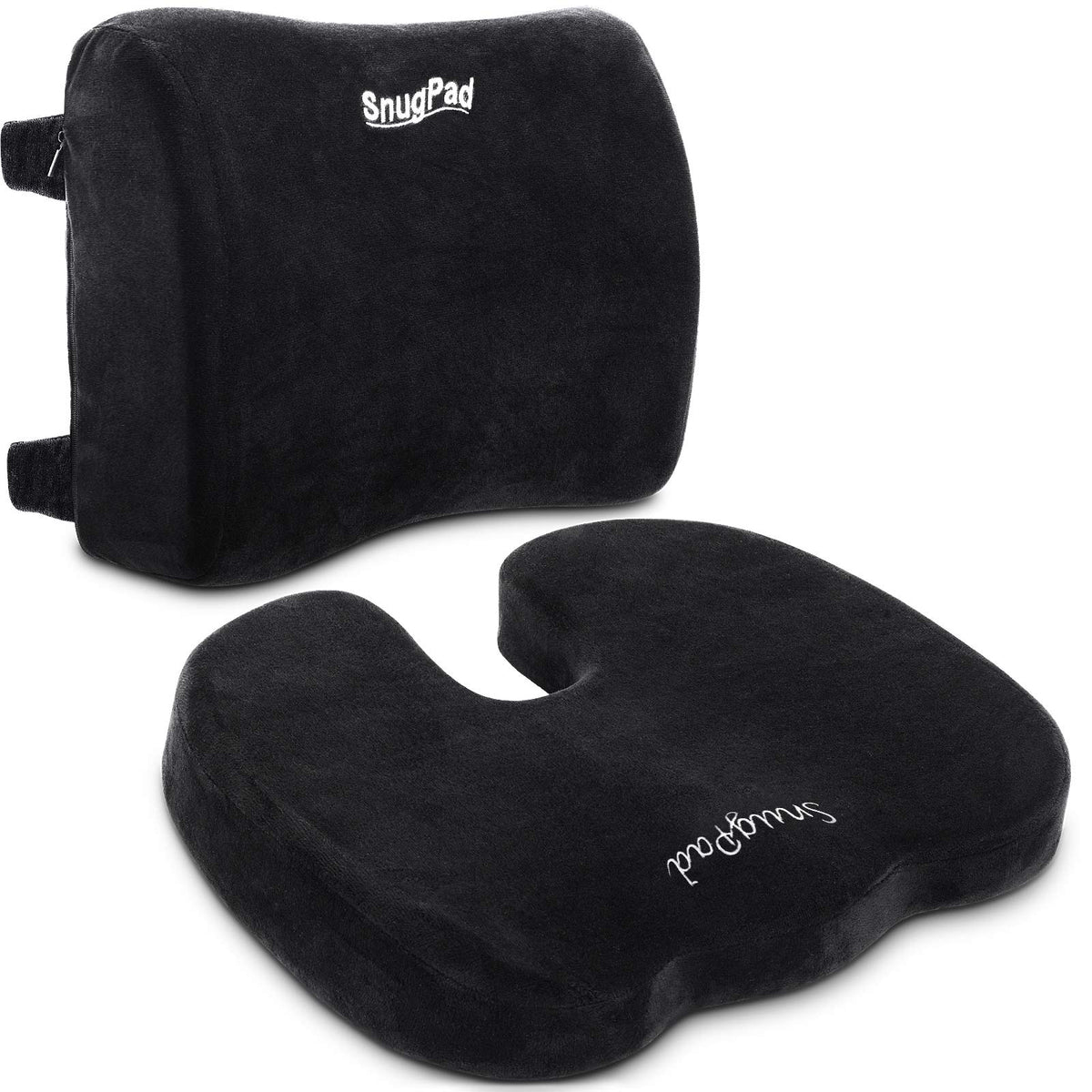 Snugpad Memory Foam Lumbar Pillow And Seat Cushion Combo, Ergonomic, Lower Back And Coccyx Support, Premium Washable Velvet Cove