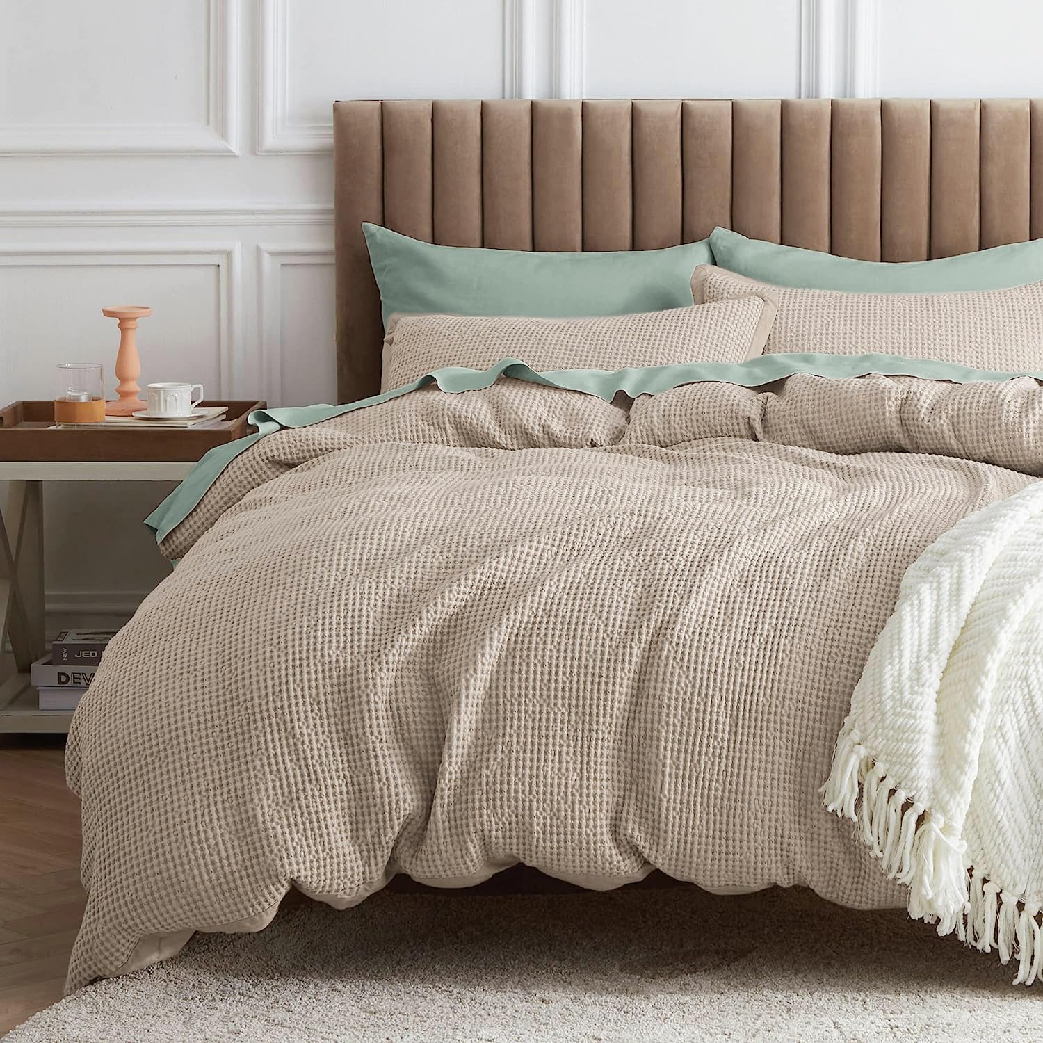 Bedsure Waffle Comforter Set Full, Khaki Soft Cotton Bedding Set For All Seasons, Waffle Weave Bed Set, 3 Pieces, 1 Comforter (8