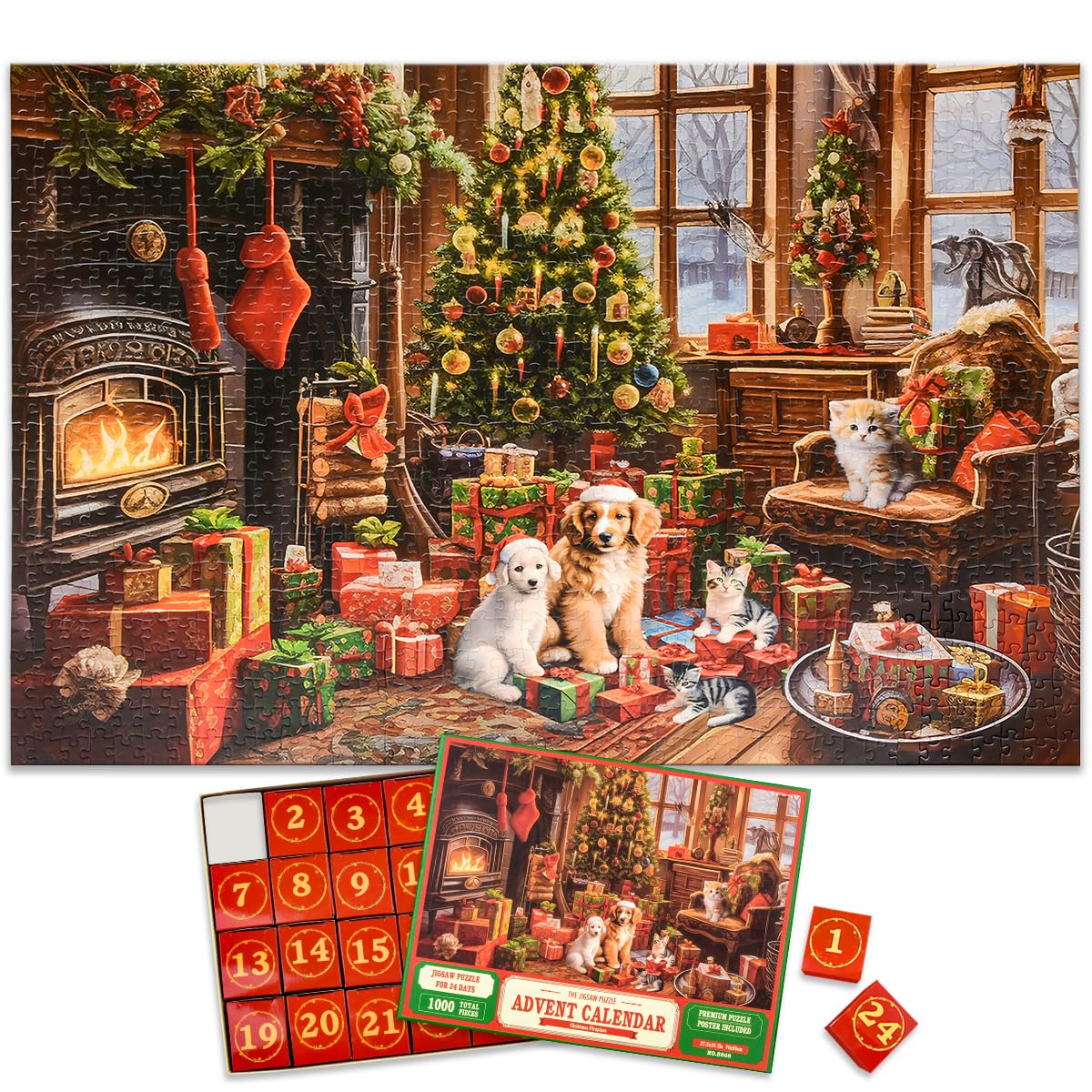 Christmas Advent Calendar 2024 Jigsaw Puzzles - Fireplace 1000 Pieces Holiday Puzzles for Kids and Adults, 27.6 in x 19.7 in, 24