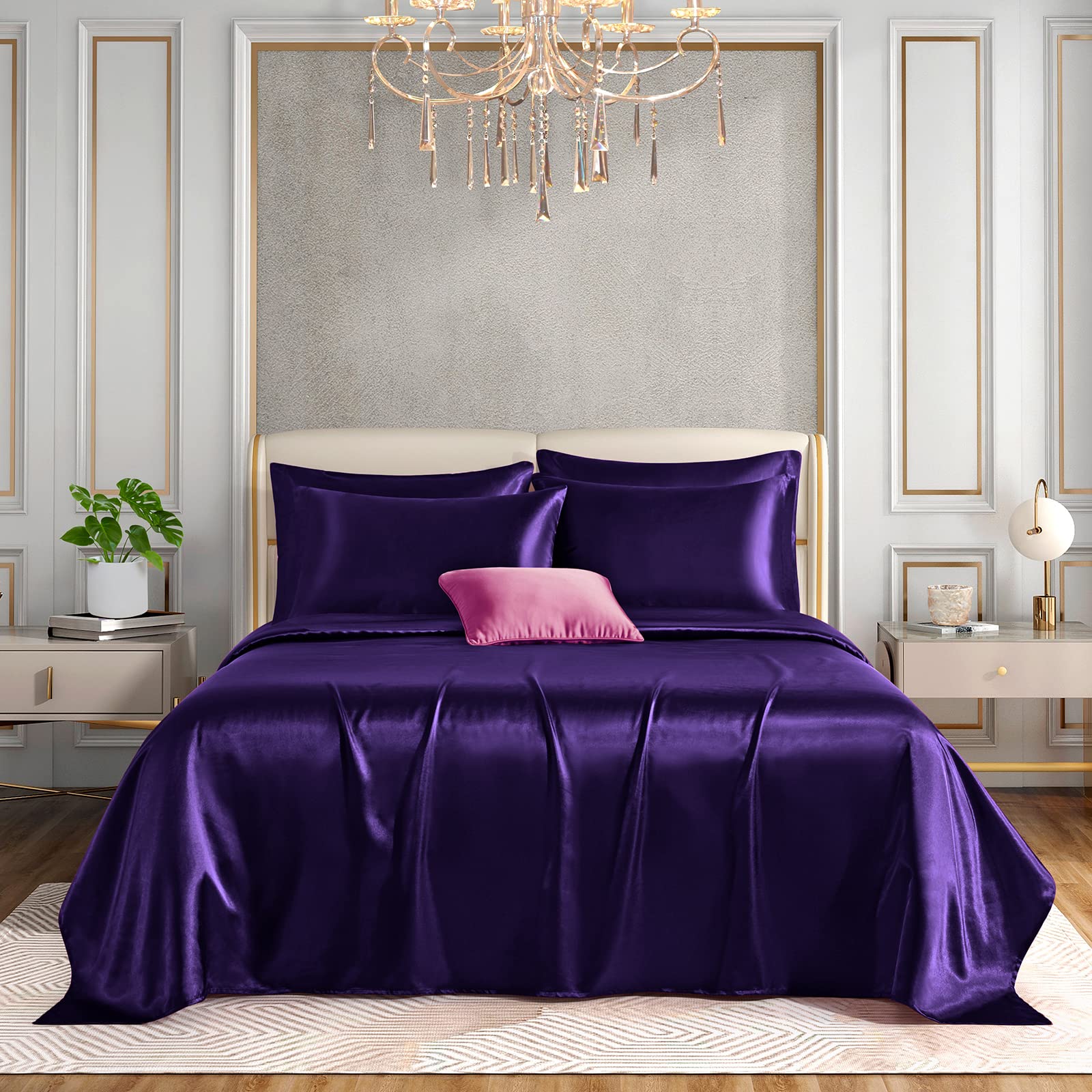 Horbaunal 6 Piece Satin Sheet Set King Size Luxury Silky & Soft Purple Satin King Bed Sheet Set With 16'' Deep Pocket, 1 Fitted