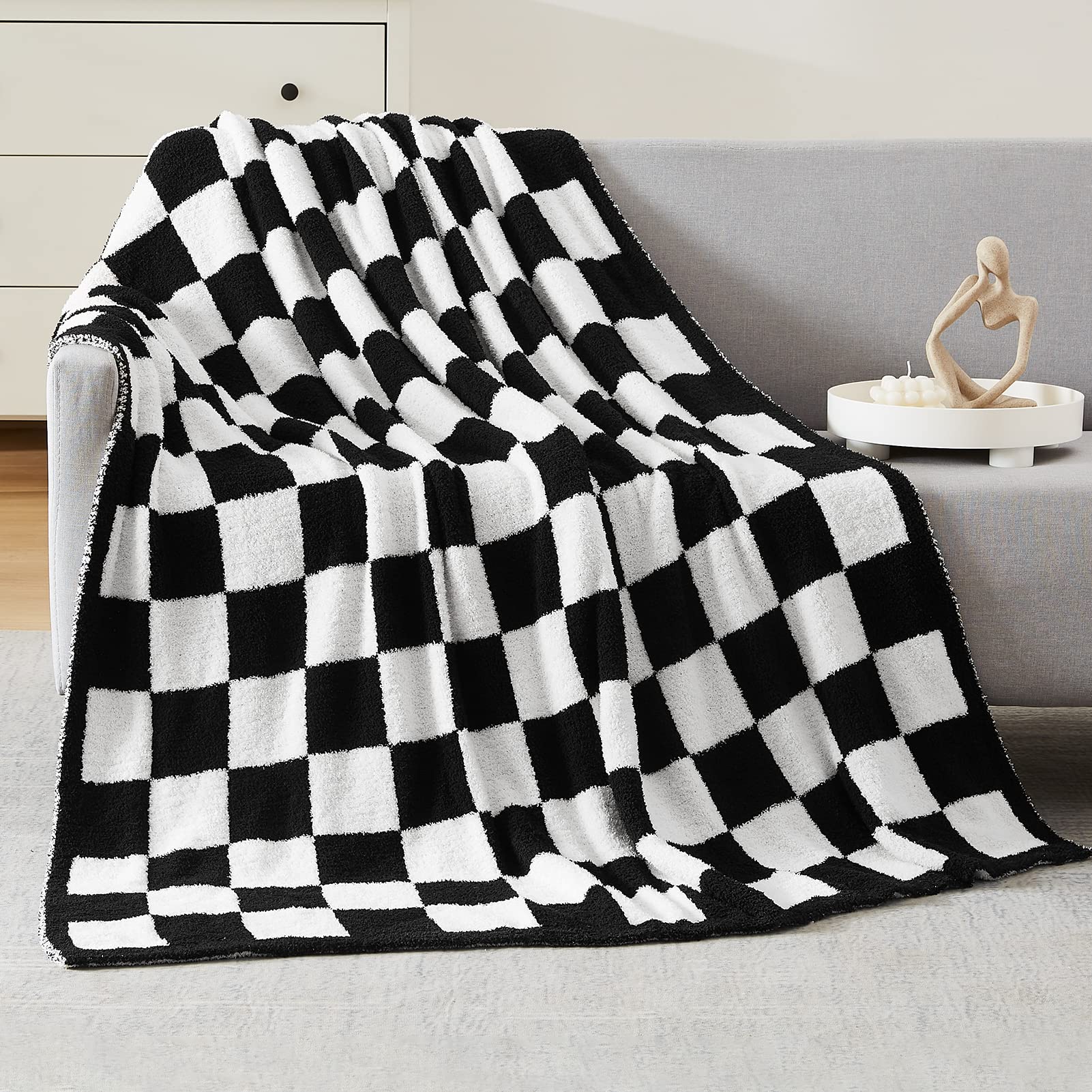 Wrensonge Checkered Throw Blanket, Black And White Microfiber Soft Cozy Fluffy Warm Hand Made Throw Blankets For Couch, Sofa, Ch