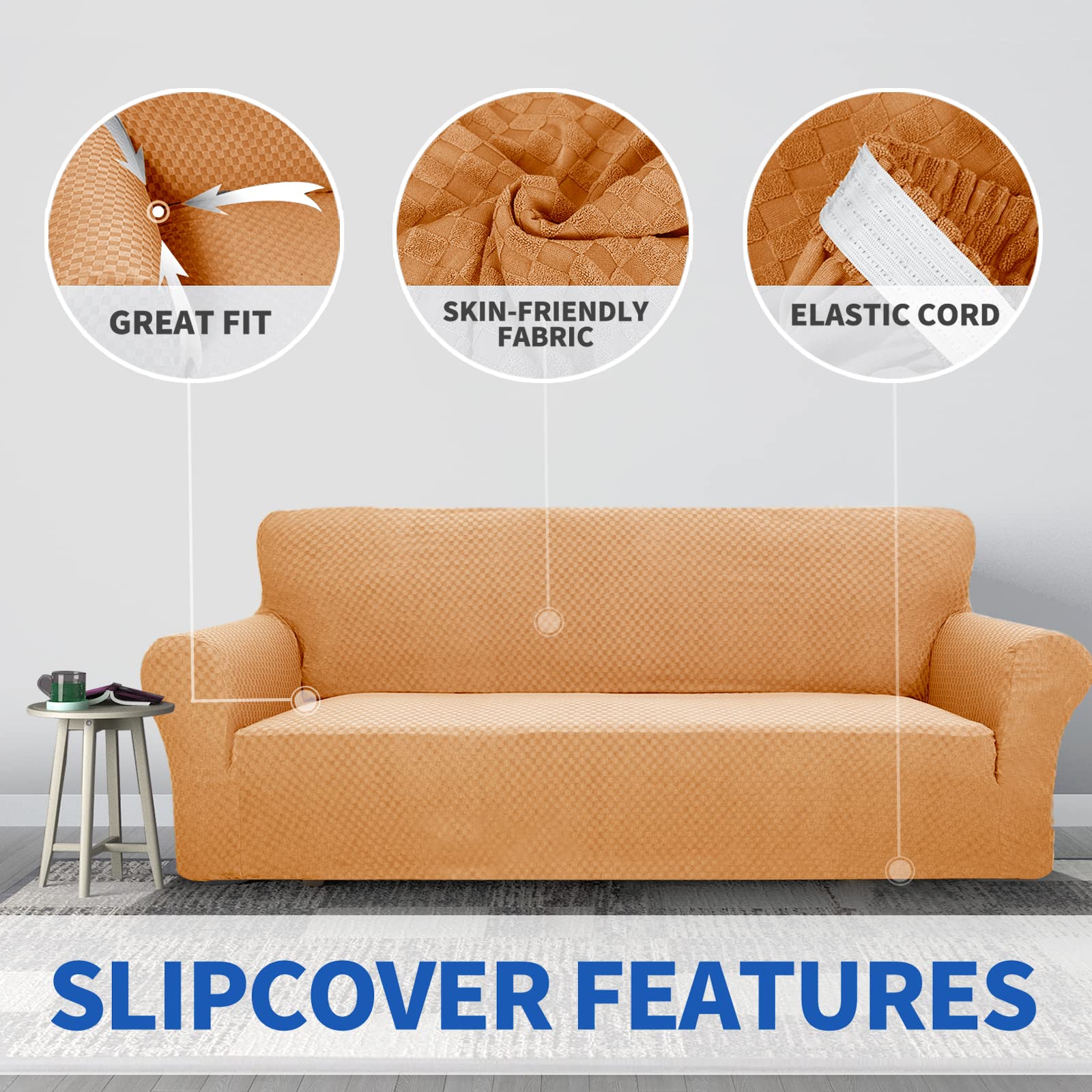 Znsayotx 1 Piece Jacquard Couch Covers For 3 Cushion Couch High Stretch Sofa Cover For Pets Dogs Anti Slip Extra Large Sofa Slipcovers Furniture Protector (Orange, Medium)