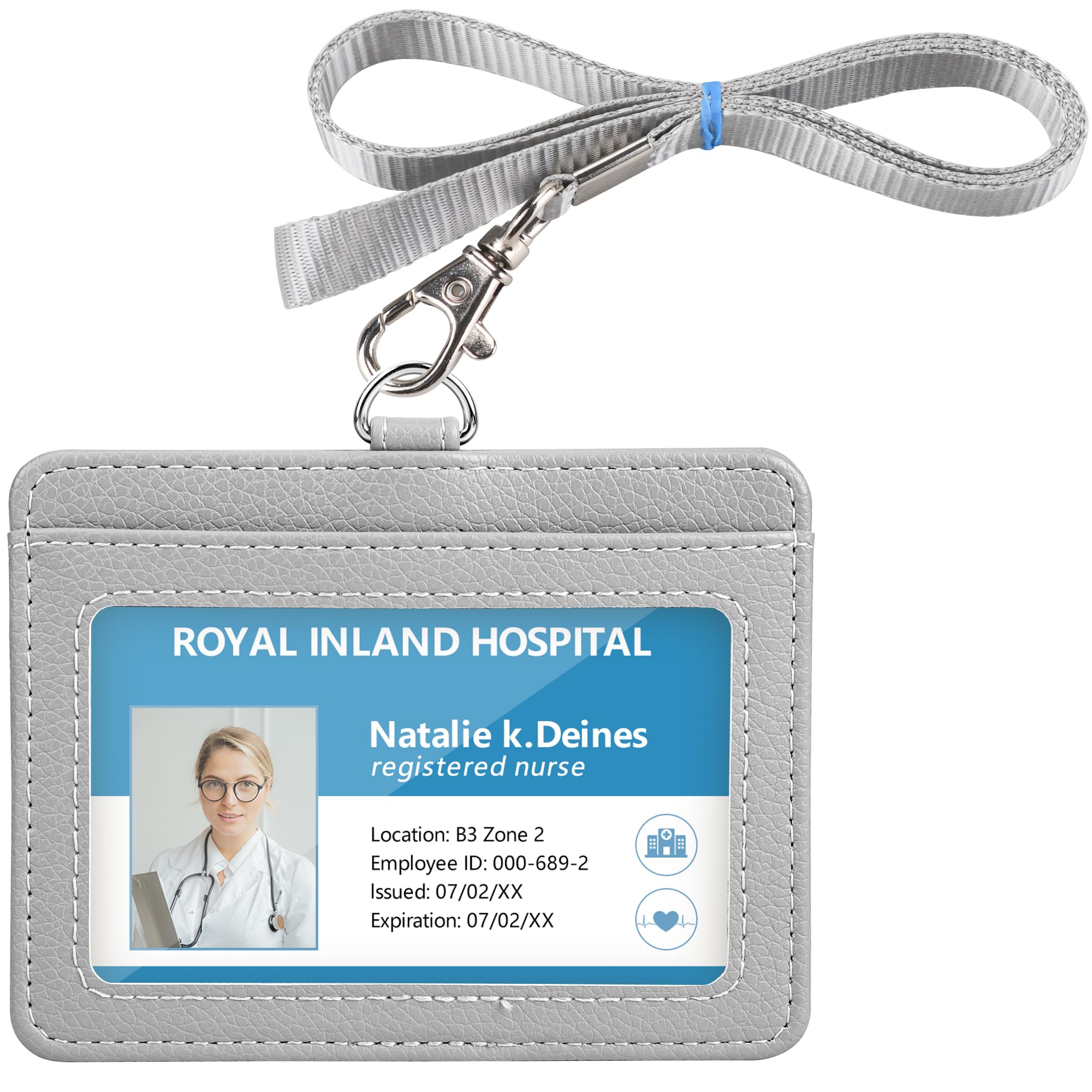 Teskyer Badge Holder With Lanyard, Leather Id Name Badge Card Holder With Lanyard For Id Badges, Horizontal, Lychee Pattern Grey