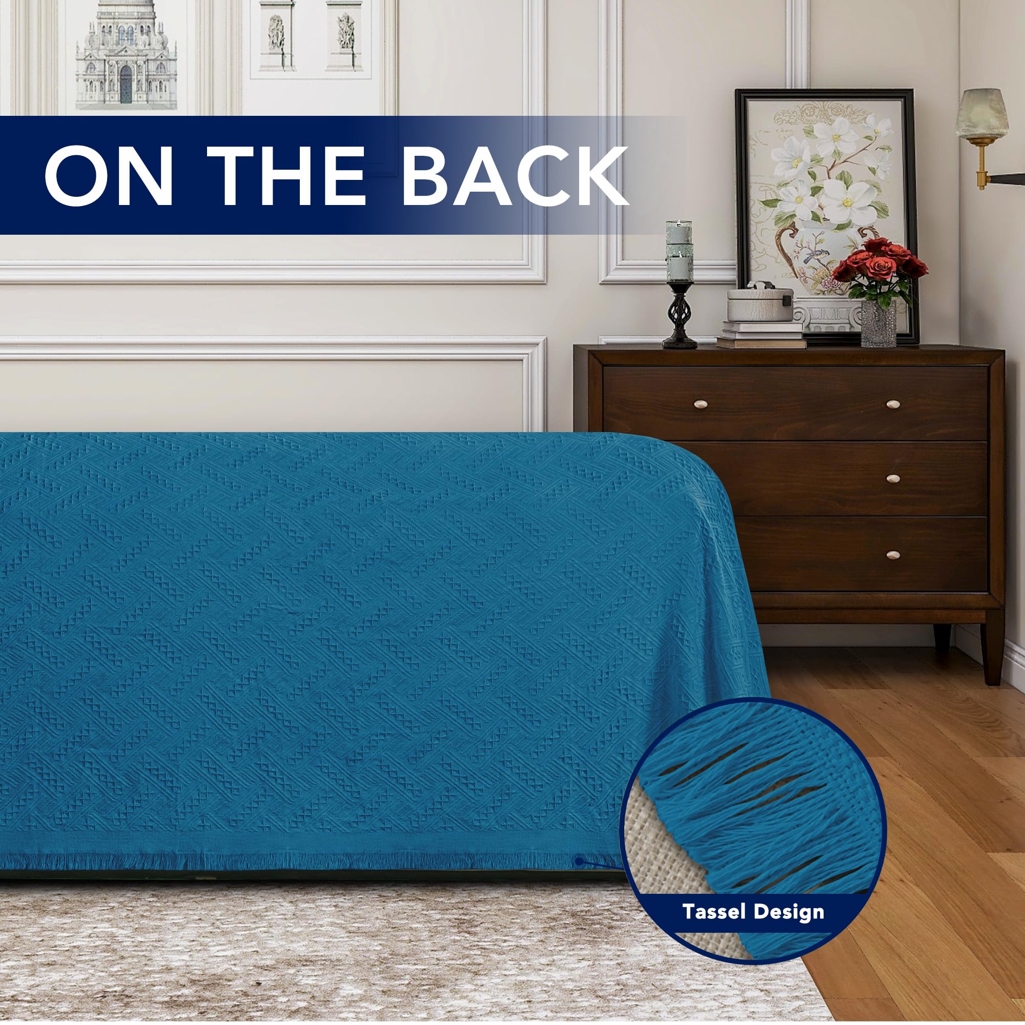 Purefit Geometric Jacquard Throw Sofa Cover - Textured Soft Washable Decorative Couch Covers For 3 Cushion Couch, Throw Cover With Tassels Furniture Protector For Pets, Kids (Small, Peacock Blue)