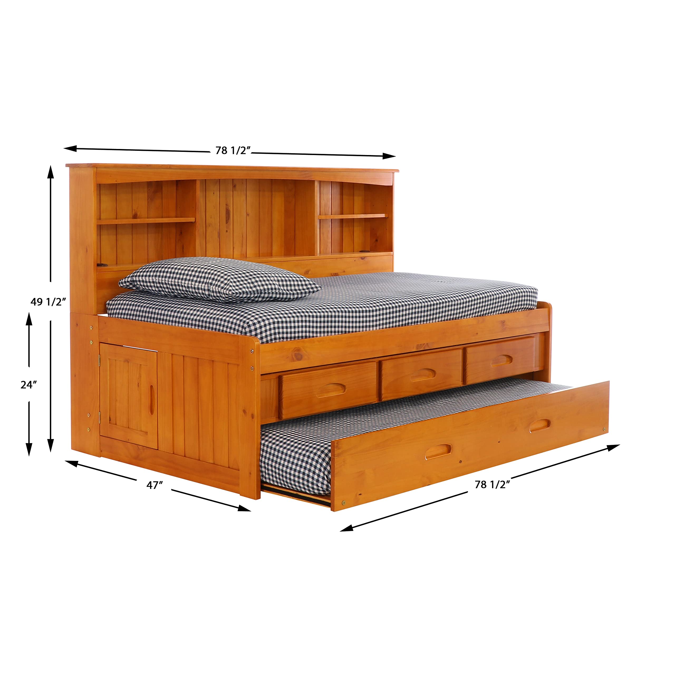 OS Home and Office Furniture Model 82122K3-22, Solid Pine Twin Daybed with 3 Sturdy Drawers and a Twin Sized Trundle in Warm Honey