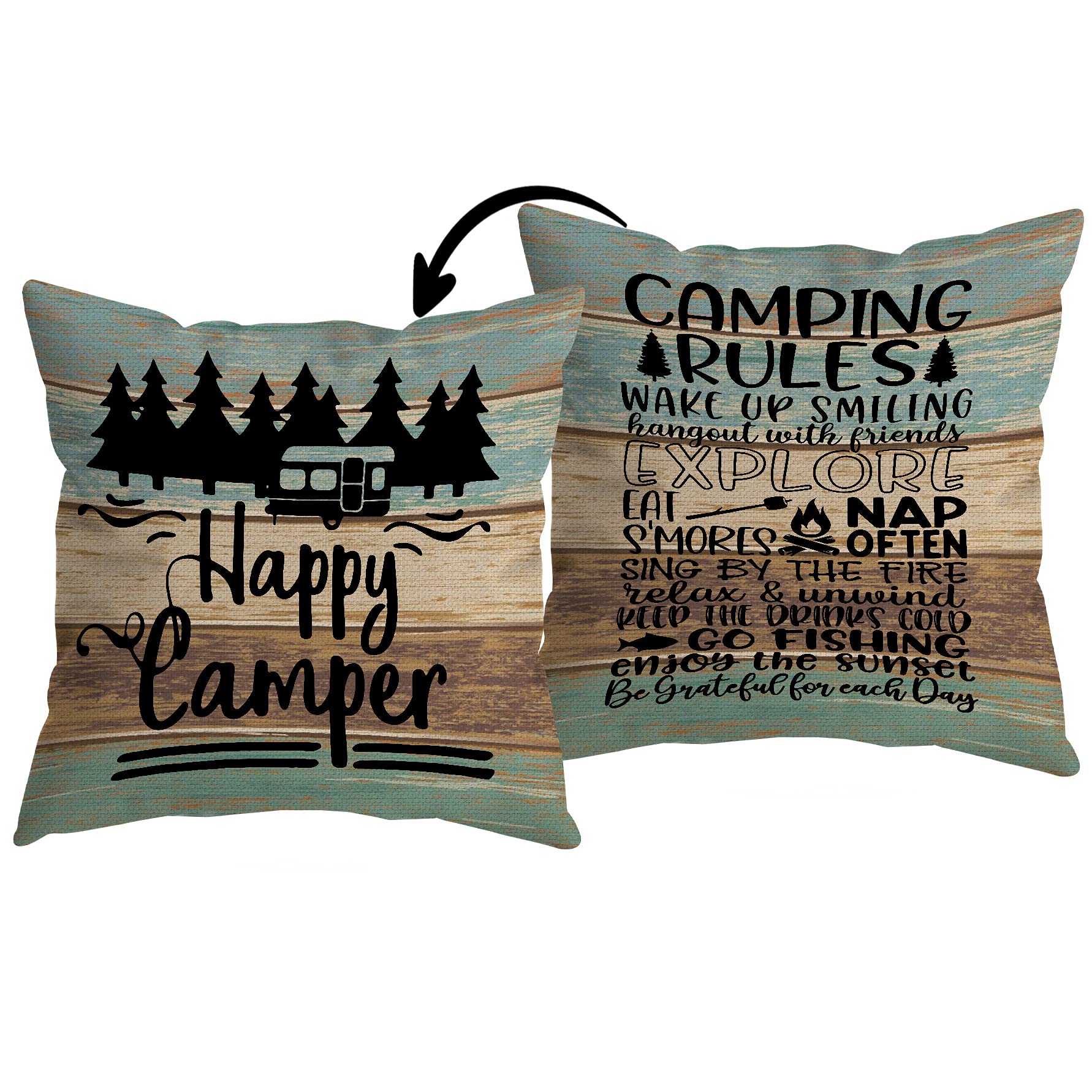 Huyaw Rustic Happy Camper Wood Board Reversible Throw Pillow Cover, Camping Camper Gifts For Women Men, Camping Rules Pillow Cas