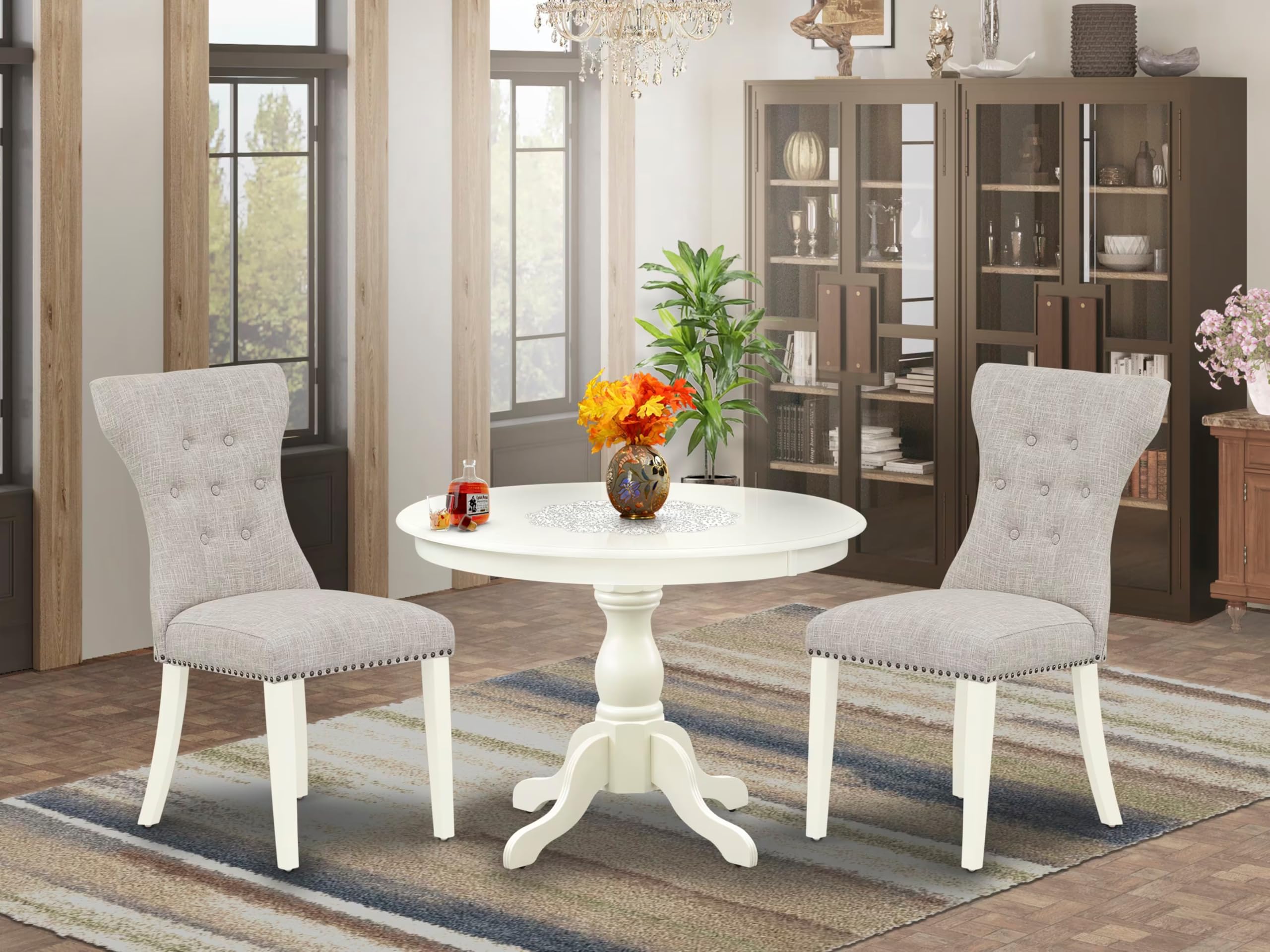 East West Furniture HBGA3-LWH-35 3 Piece Dining Room Furniture Set Contains a Round Dining Table with Pedestal and 2 Doeskin Linen Fabric Upholstered Chairs, 42x42 Inch, Linen White