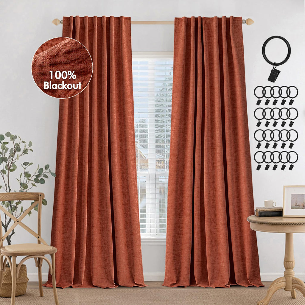 Miulee 100% Blackout Curtains 90 Inches Long, Linen Curtains For Bedroom Black Out Window Treatments Thermal Insulated Room Darkening Drapes Back Tab Rod Pocket, Terracotta Fall Decor 2 Panels