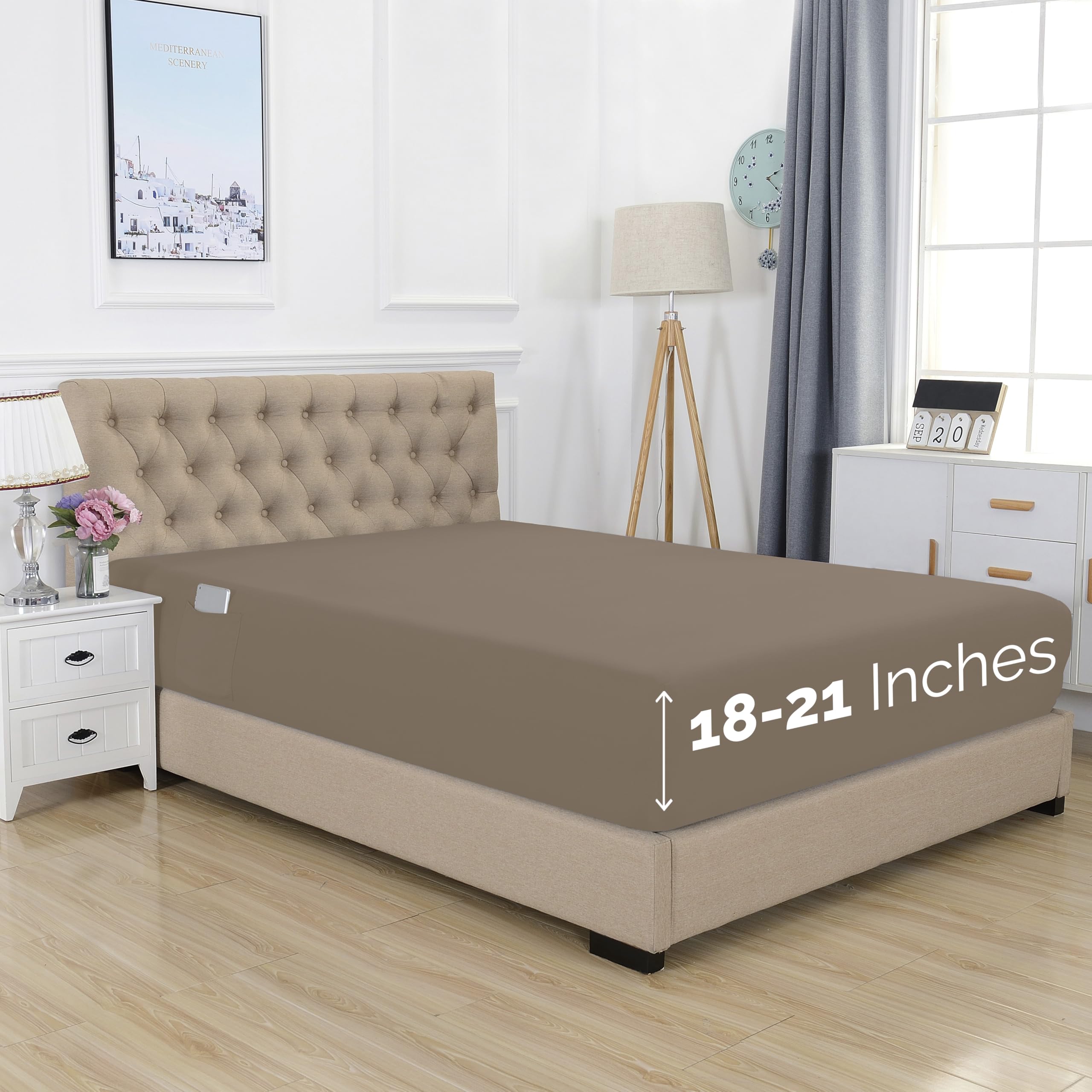 Elegant Comfort 1500 Premium Hotel Quality 18-21 Inches Deep - Extra Deep Pocket Single Fitted Sheet For High Mattress, Luxury And Softest, Smart Pocket - Wrinkle Free, Full, Taupe
