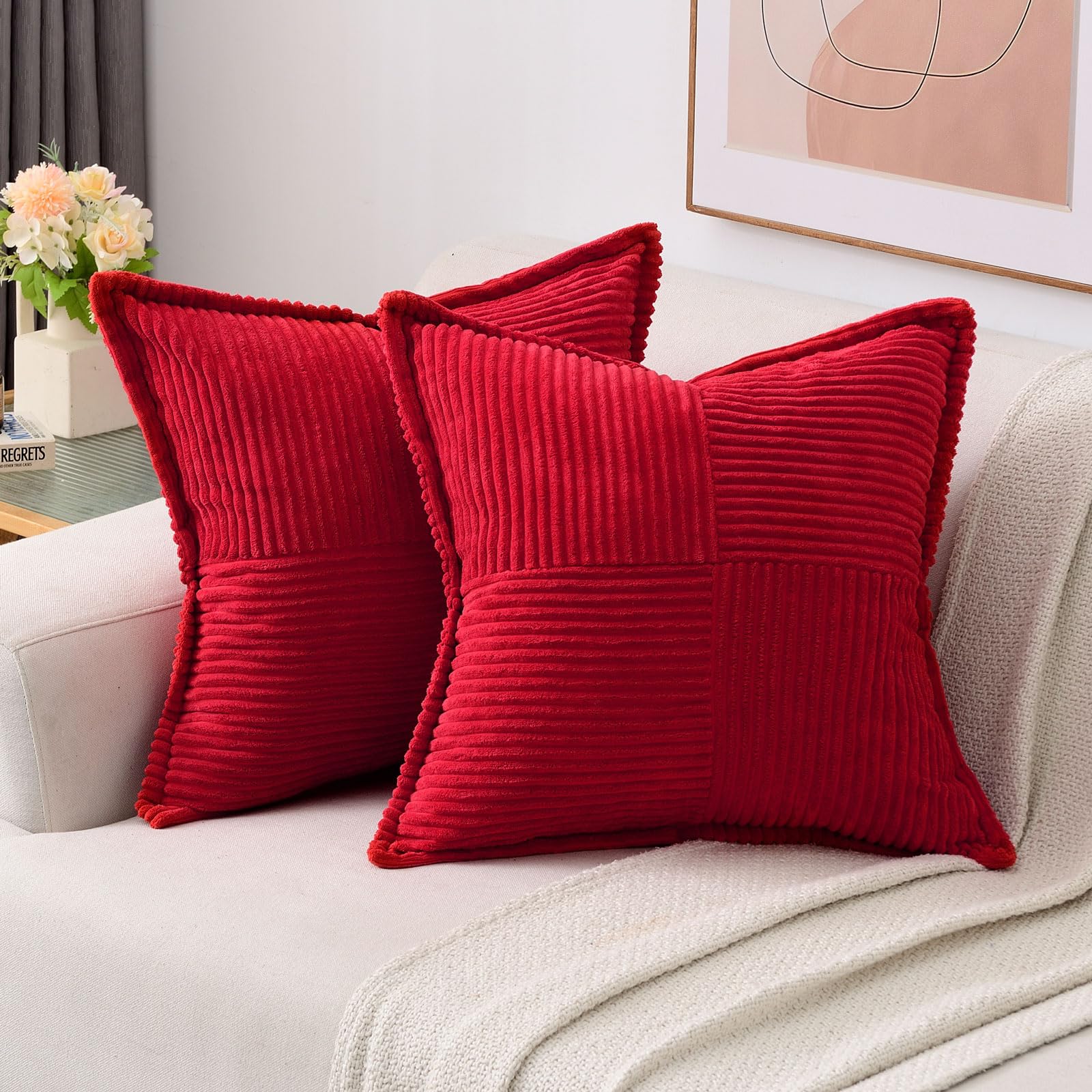 Haussy Red Small Throw Pillow Covers 12X12 Inch Set Of 2,Soft Solid Corduroy Striped/Wide Bordered,Square Decorative Cushion Cas