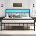 Fluest Queen Bed Frame Classic Metal Platform Bed Frame with Charging Station & LED, Victorian Style Iron-Art Headboard/Footboar