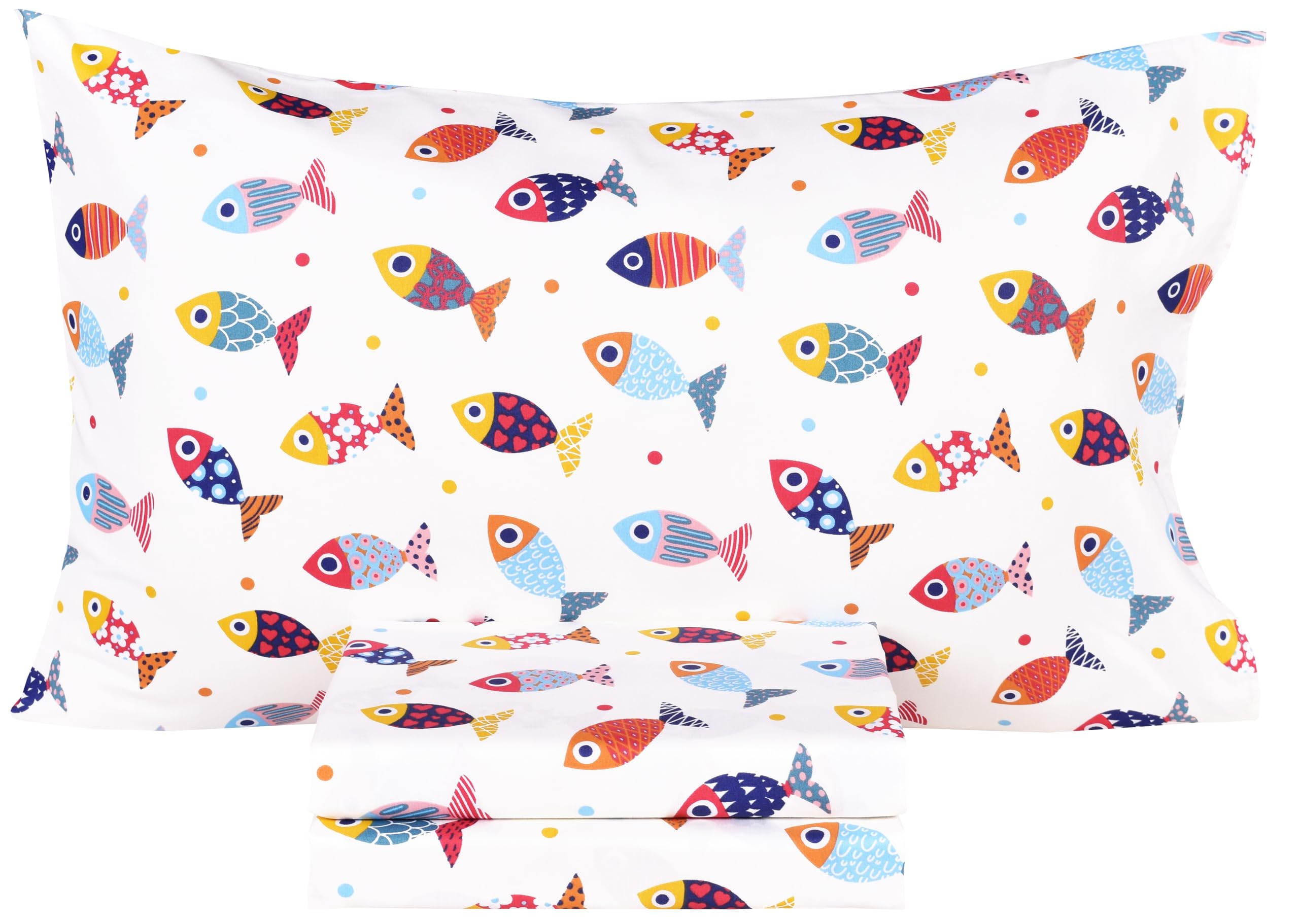 Scientific Sleep Colourful Fish Sardine Kids Toddler 100% Cotton Cozy 3 Pcs Twin Bed Sheet Set, Flat Sheet & Fitted Sheet & Pill