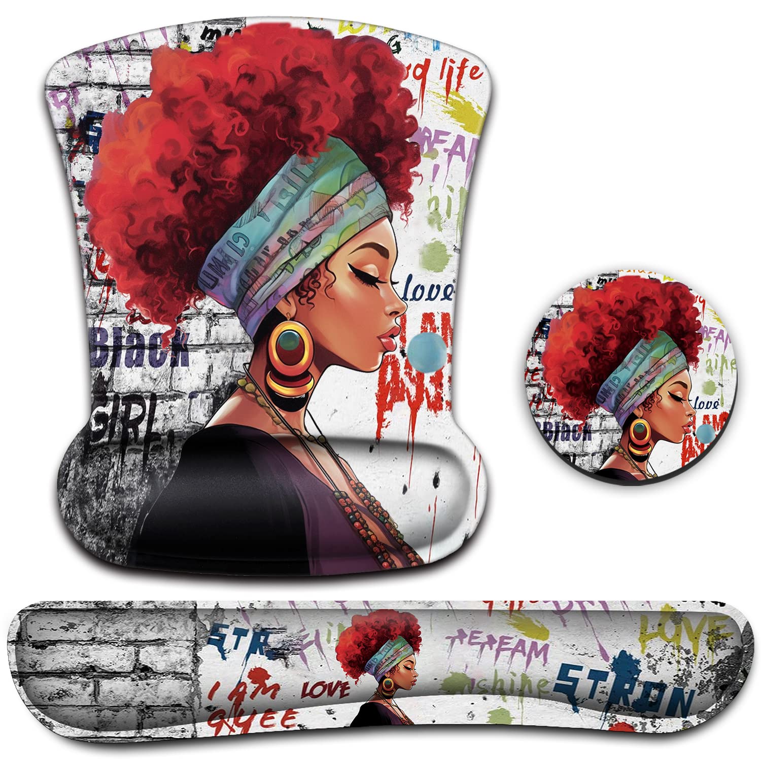 Ergonomic Mouse Pad Wrist Support Gel And Keyboard Wrist Rest Set African Graffiti Girls With Red Hair Design For Laptop Gaming