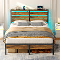 Rolanstar Bed Frame Queen Size with USB Charging Station, LED Bed Frame with Wood Storage Headboard, Rustic Brown Metal Platform
