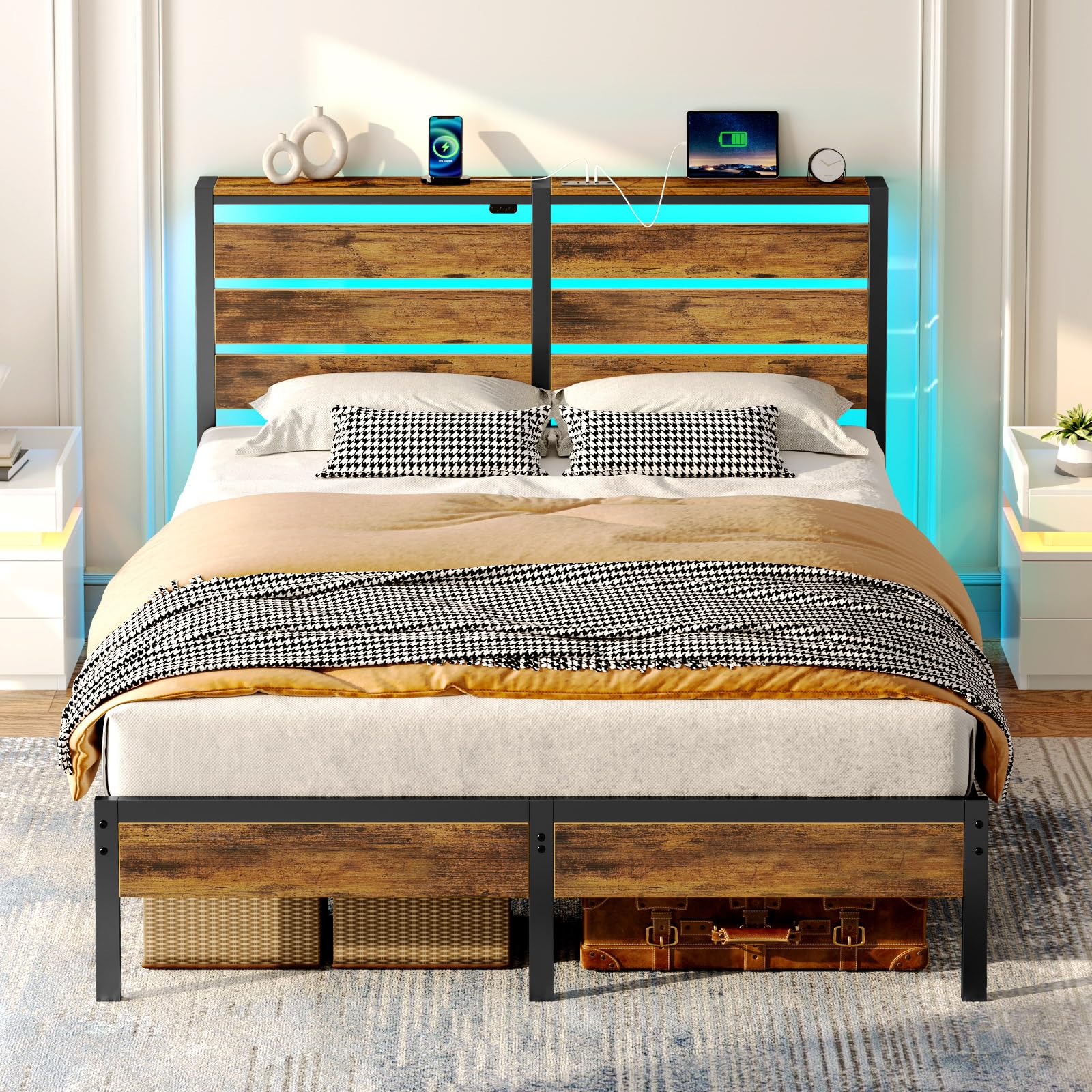 Rolanstar Bed Frame Queen Size with USB Charging Station, LED Bed Frame with Wood Storage Headboard, Rustic Brown Metal Platform