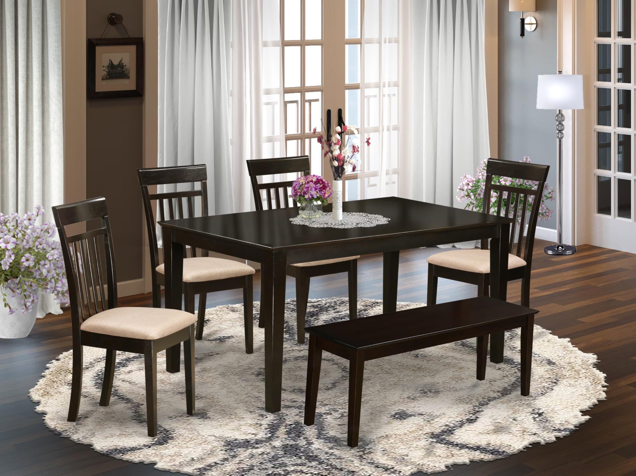 East West Furniture CAP6S-CAP-C 6 Piece Kitchen Table Set Contains a Rectangle Dining Table and 4 Linen Fabric Dining Room Chairs with a Bench, 36x60 Inch, Cappuccino