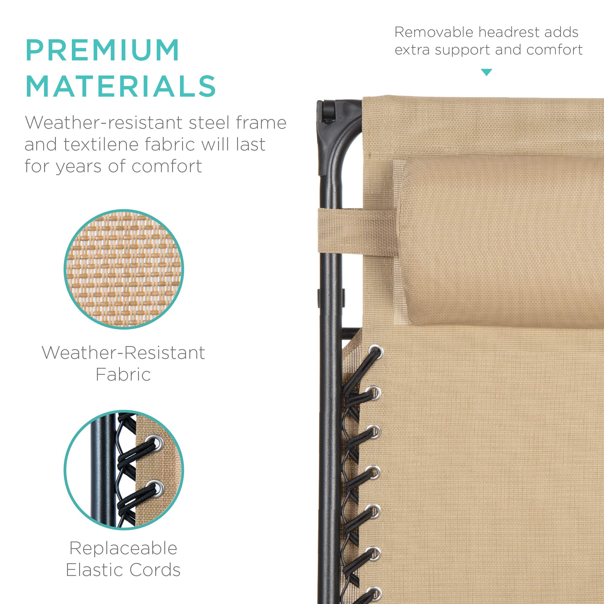 Best Choice Products Folding Zero Gravity Outdoor Recliner Patio Lounge Chair W/Adjustable Canopy Shade, Headrest, Side Accessory Tray, Textilene Mesh - Beige