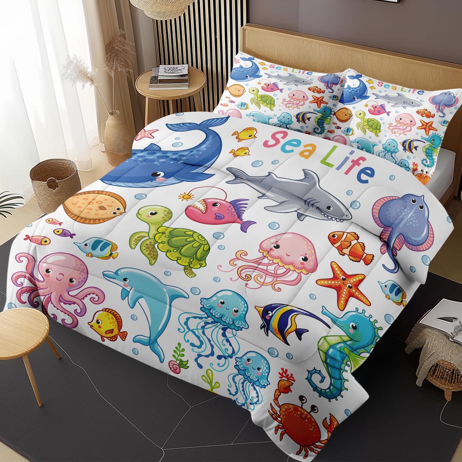 Nesphy Sea Turtle Animal Fish Queen Comforter Set, Cute Ocean Shark Bedding Set 3 Piece, All Season Soft Toddlers Children Adult