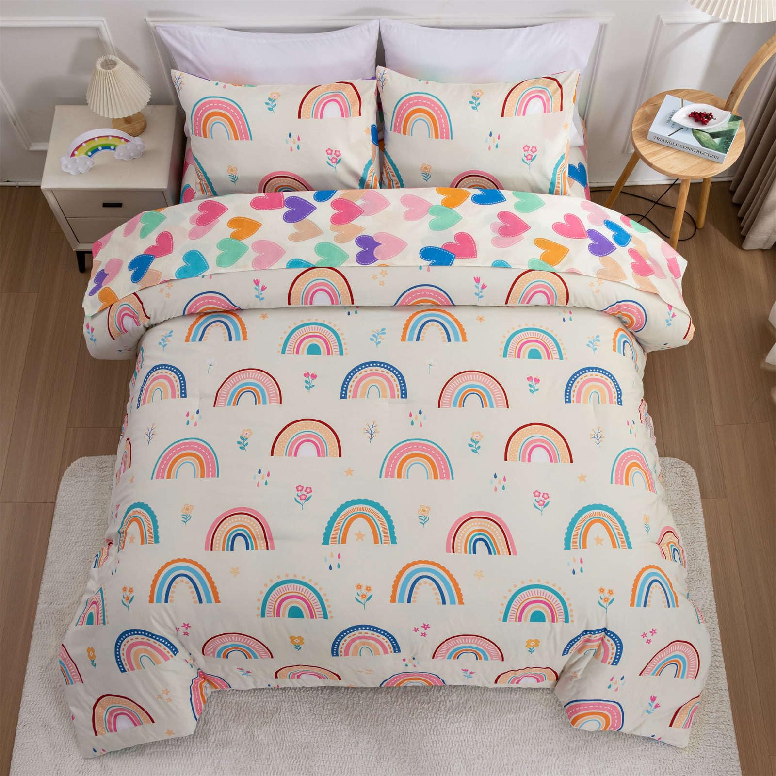 Btargot 5 Piece Multi-Color Rainbow Comforter Set For Girls Boys Kids, Twin Size Cartoon Love Hearts Flowers And Sun Star Beddin