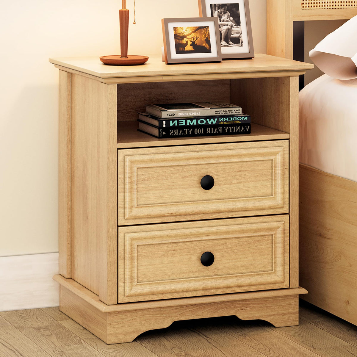 Xiao Wei Nightstand With Hidden Drawer, 2-Drawer Nightstand With Open Shelf - Sturdy Wood Bedroom End Table For Storage, Furnitu