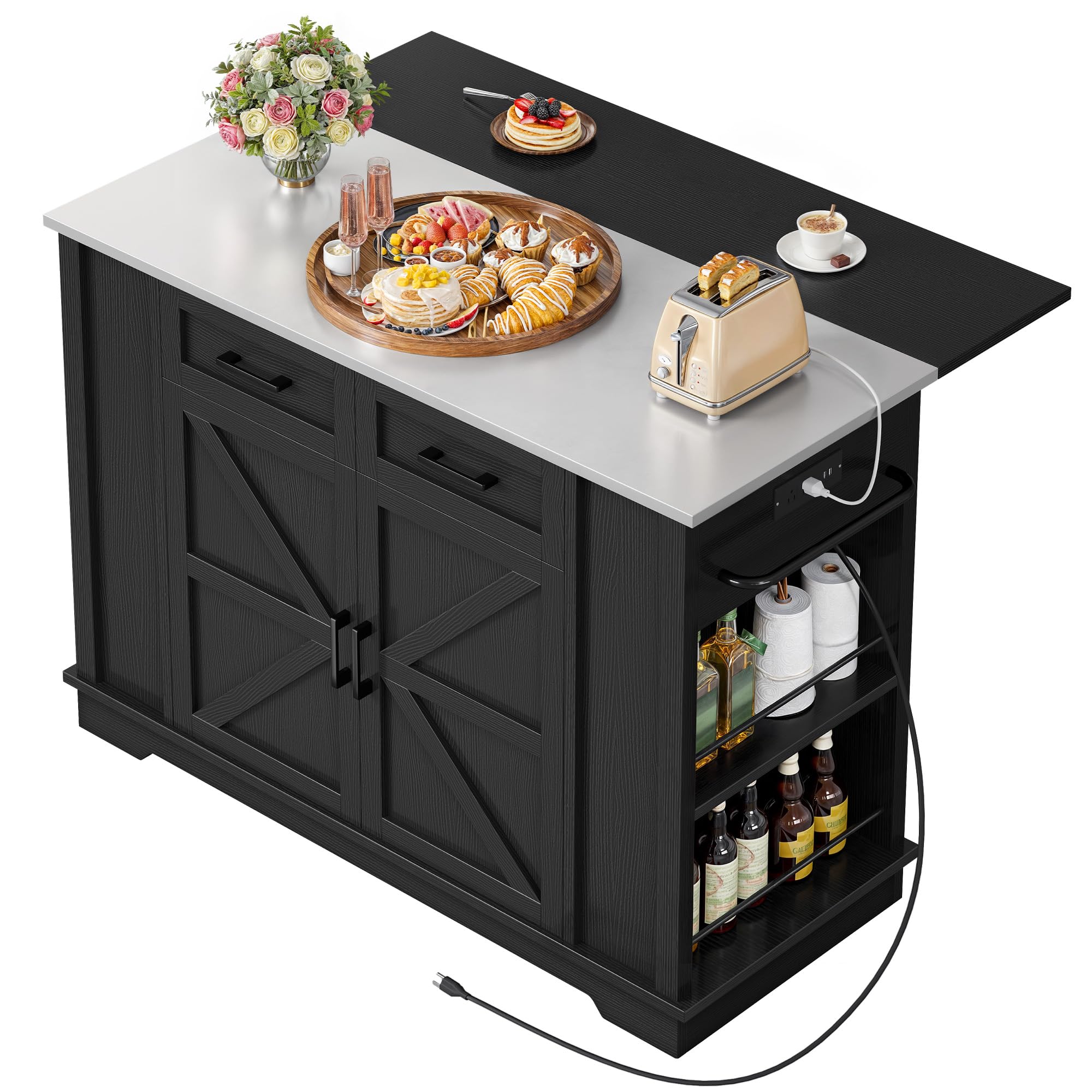 DWVO Kitchen Island w Stainless Steel Top Drop Leaf Bar Seating Power Outlet, 47 Portable Rolling Mobile Center Islands w Foldin