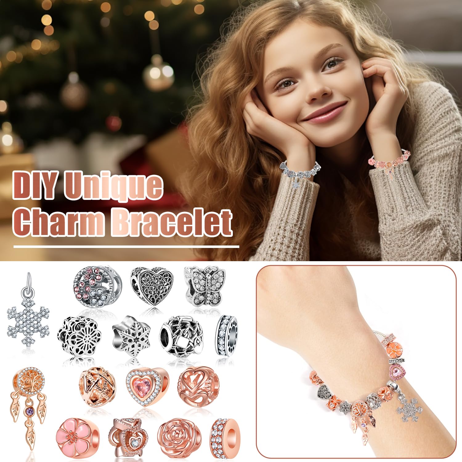 Jewelry Advent Calendar 2023 Teen Girls Women, Rose Gold And Silver Charm Bracelet Countdown Calendar And Fashion Jewerly Earrin